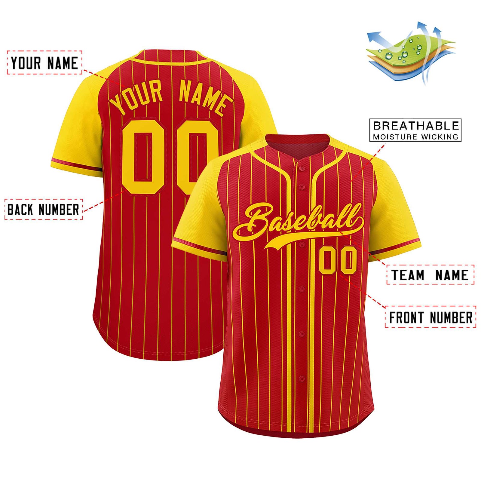 Custom Red Gold Stripe Fashion Raglan Sleeves Authentic Baseball Jersey