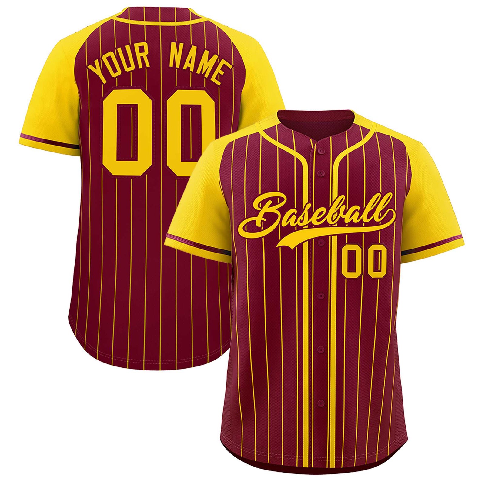 Custom Crimson Gold Stripe Fashion Raglan Sleeves Authentic Baseball Jersey