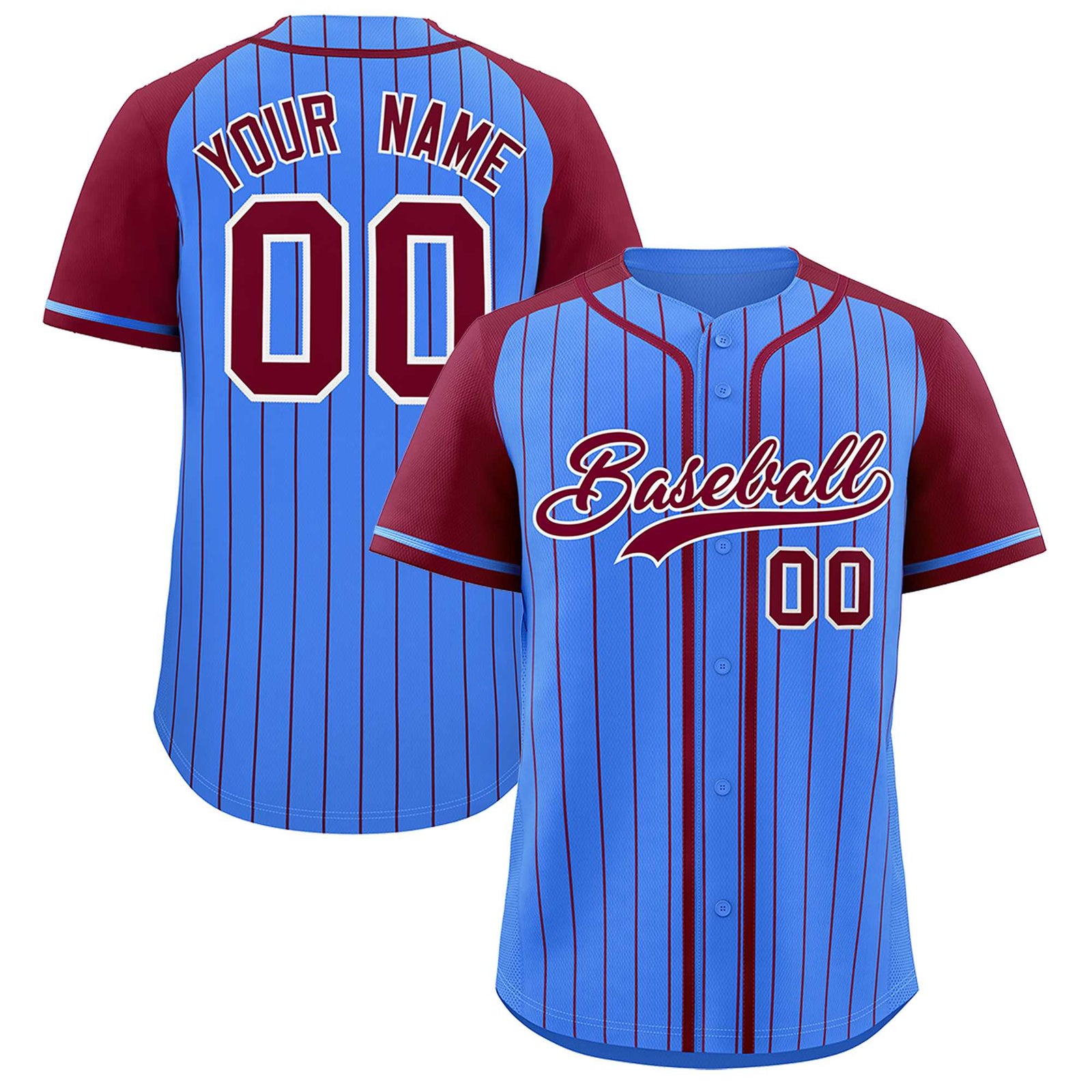 Custom Powder Blue Crimson Stripe Fashion Raglan Sleeves Authentic Baseball Jersey