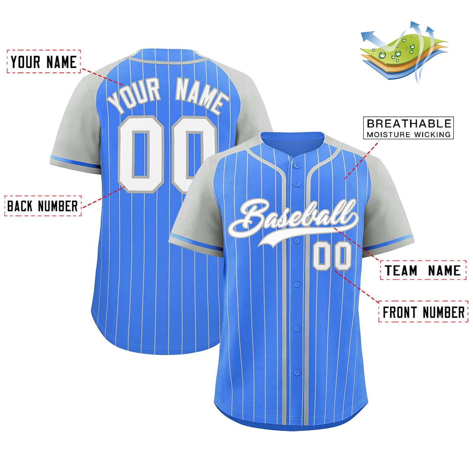 Custom Powder Blue Gray Stripe Fashion Raglan Sleeves Authentic Baseball Jersey