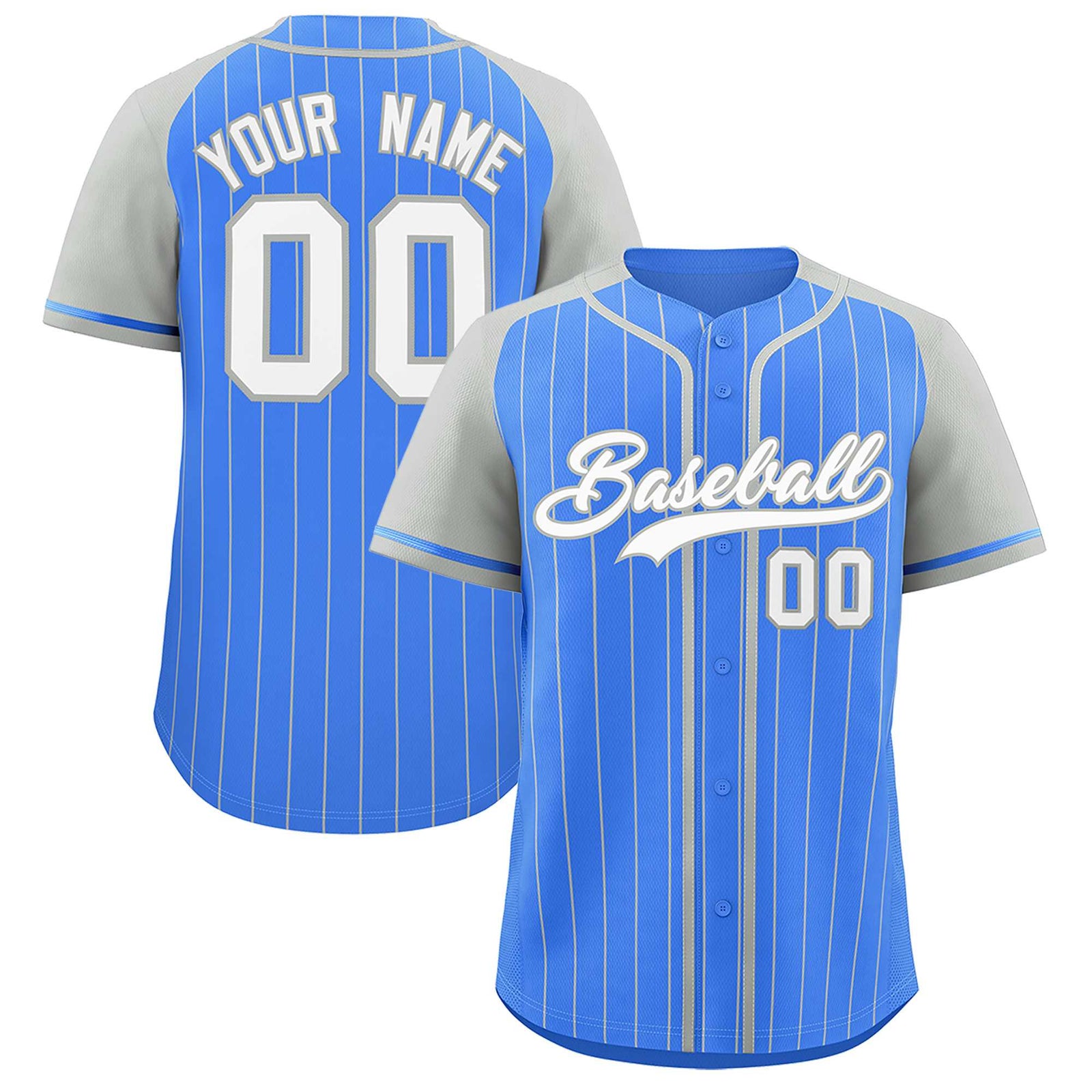 Custom Powder Blue Gray Stripe Fashion Raglan Sleeves Authentic Baseball Jersey