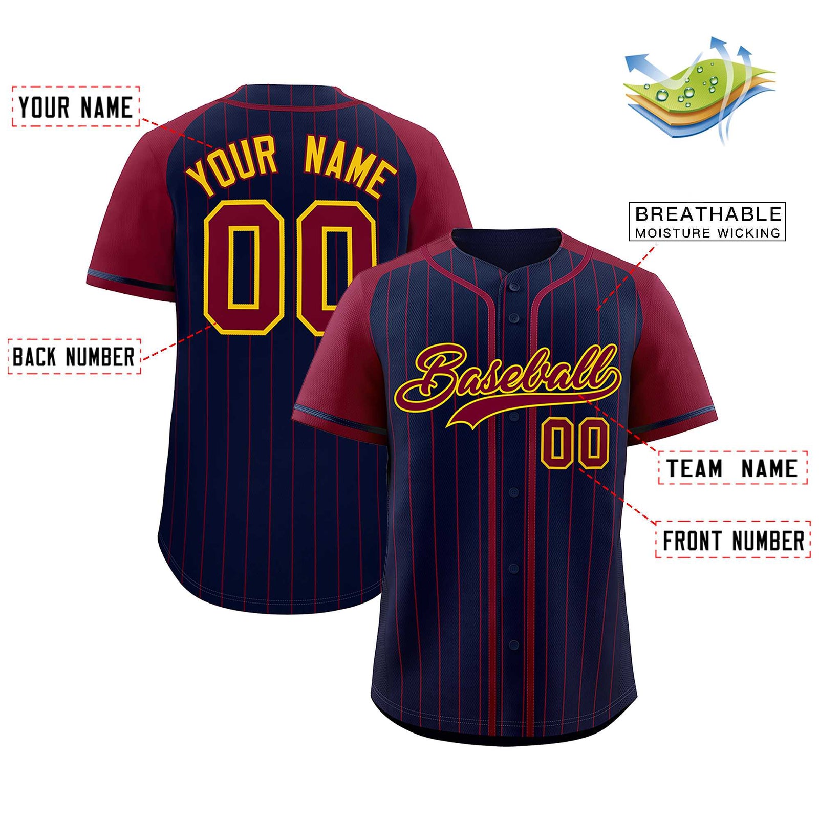 Custom Navy Crimson Stripe Fashion Raglan Sleeves Authentic Baseball Jersey