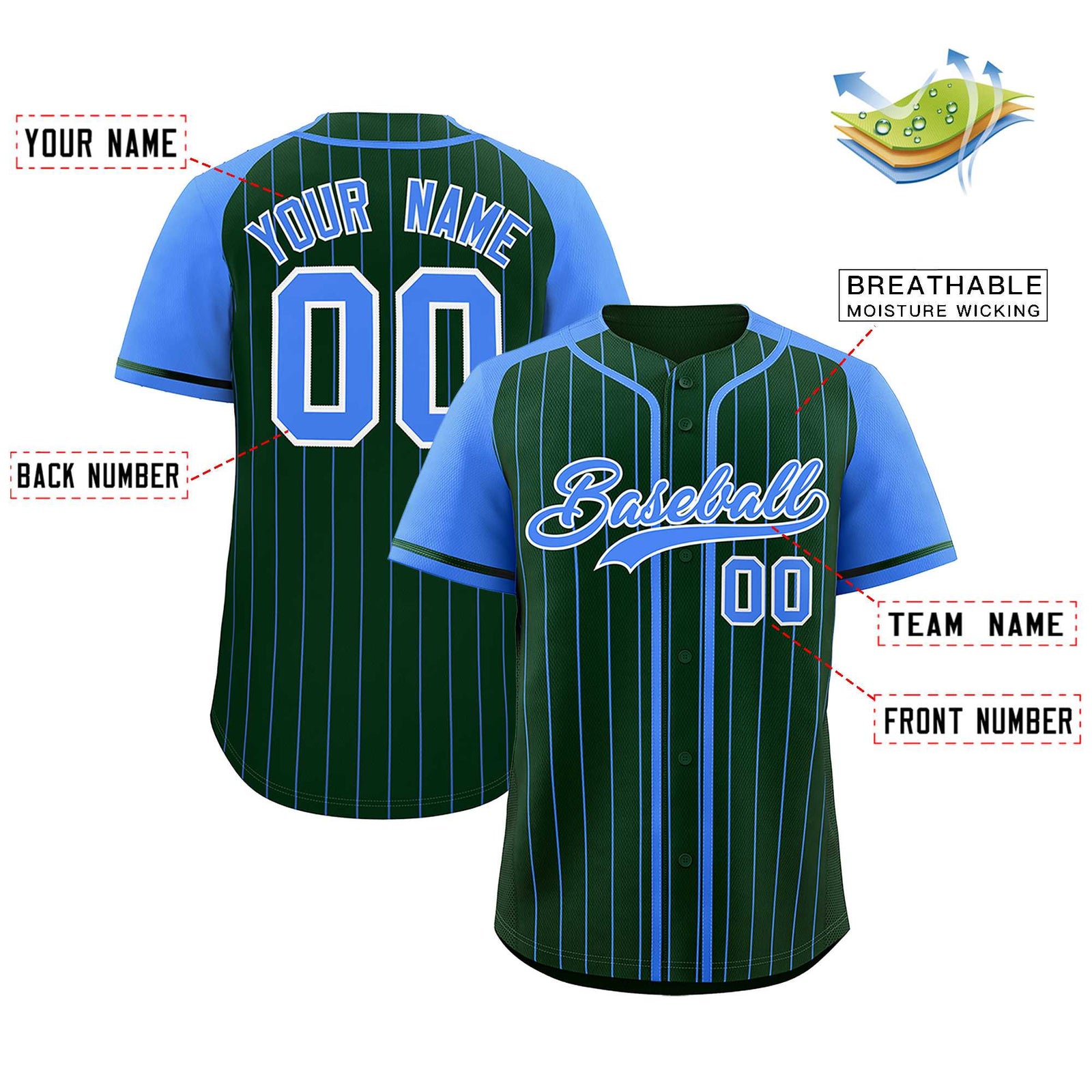 Custom Green Powder Blue Stripe Fashion Raglan Sleeves Authentic Baseball Jersey