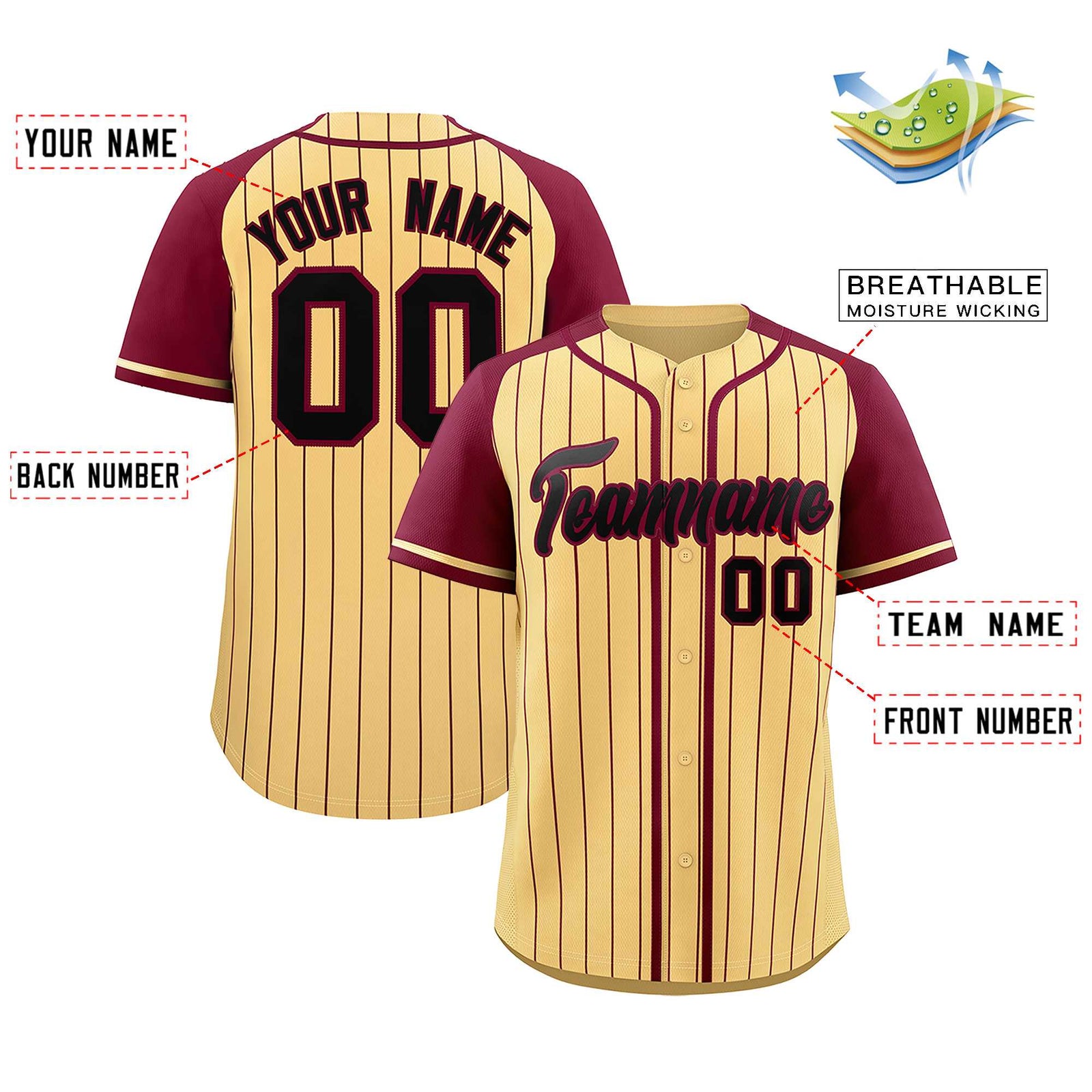 Custom Khaki Crimson Stripe Fashion Raglan Sleeves Authentic Baseball Jersey