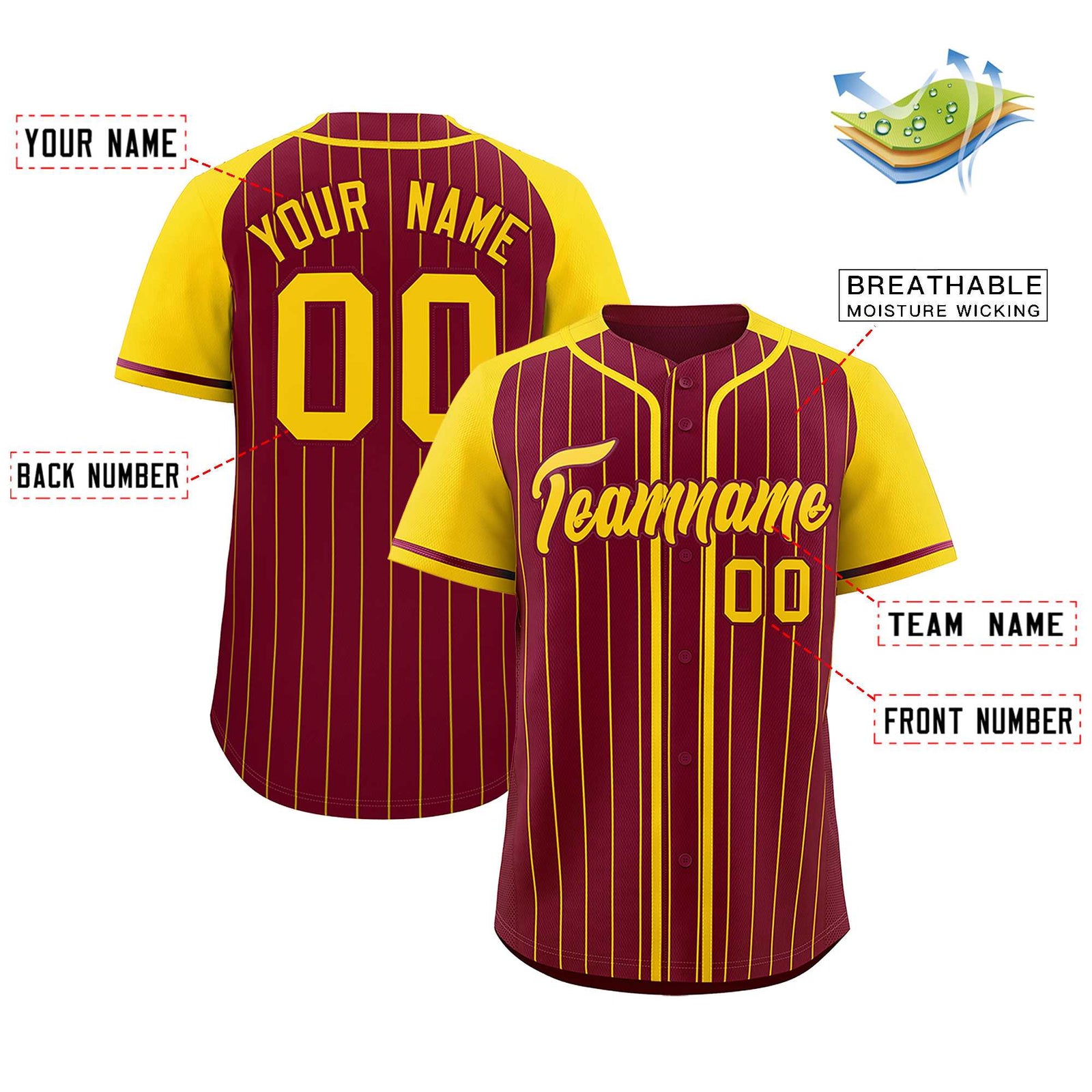 Custom Crimson Gold Stripe Fashion Raglan Sleeves Authentic Baseball Jersey