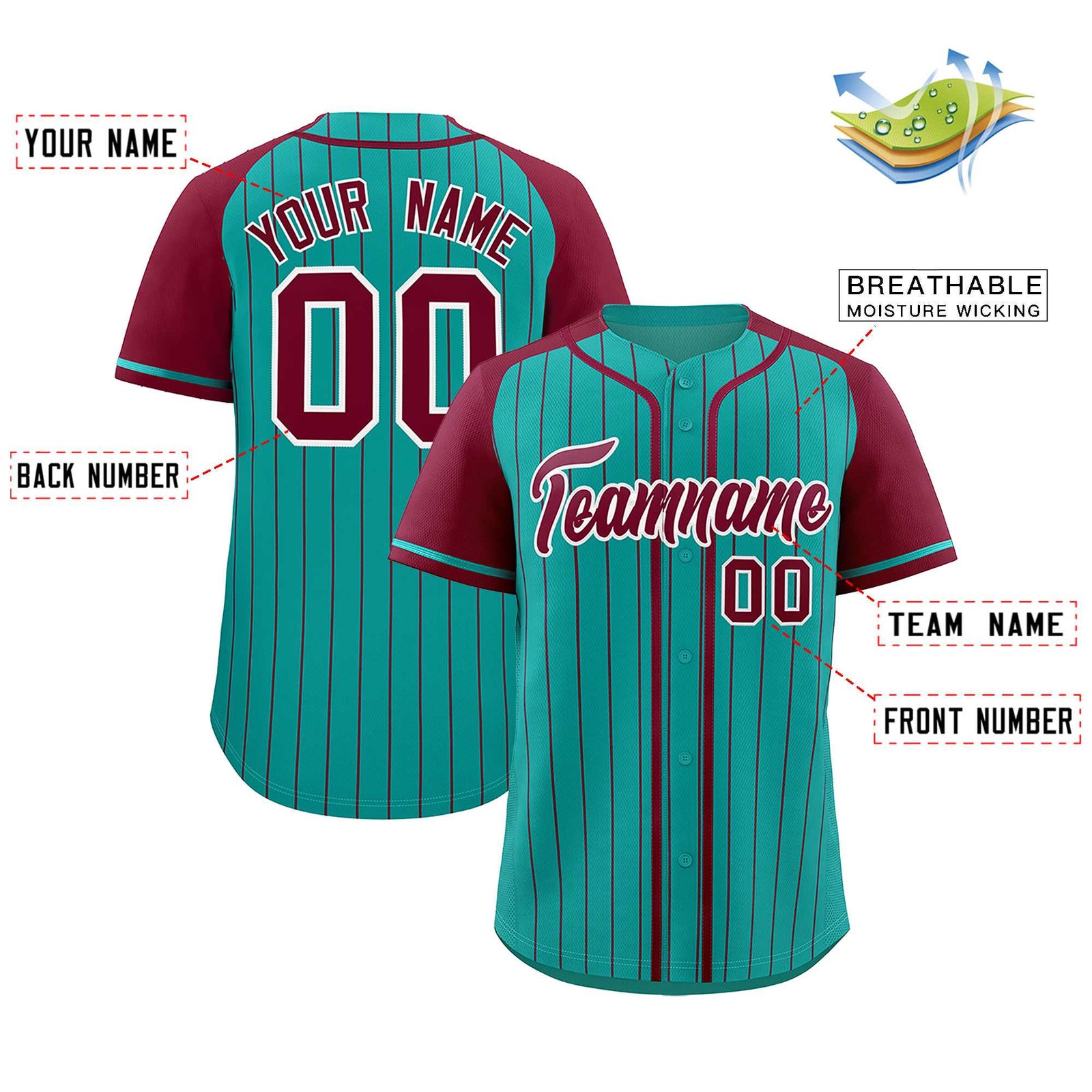 Custom Aqua Crimson Stripe Fashion Raglan Sleeves Authentic Baseball Jersey