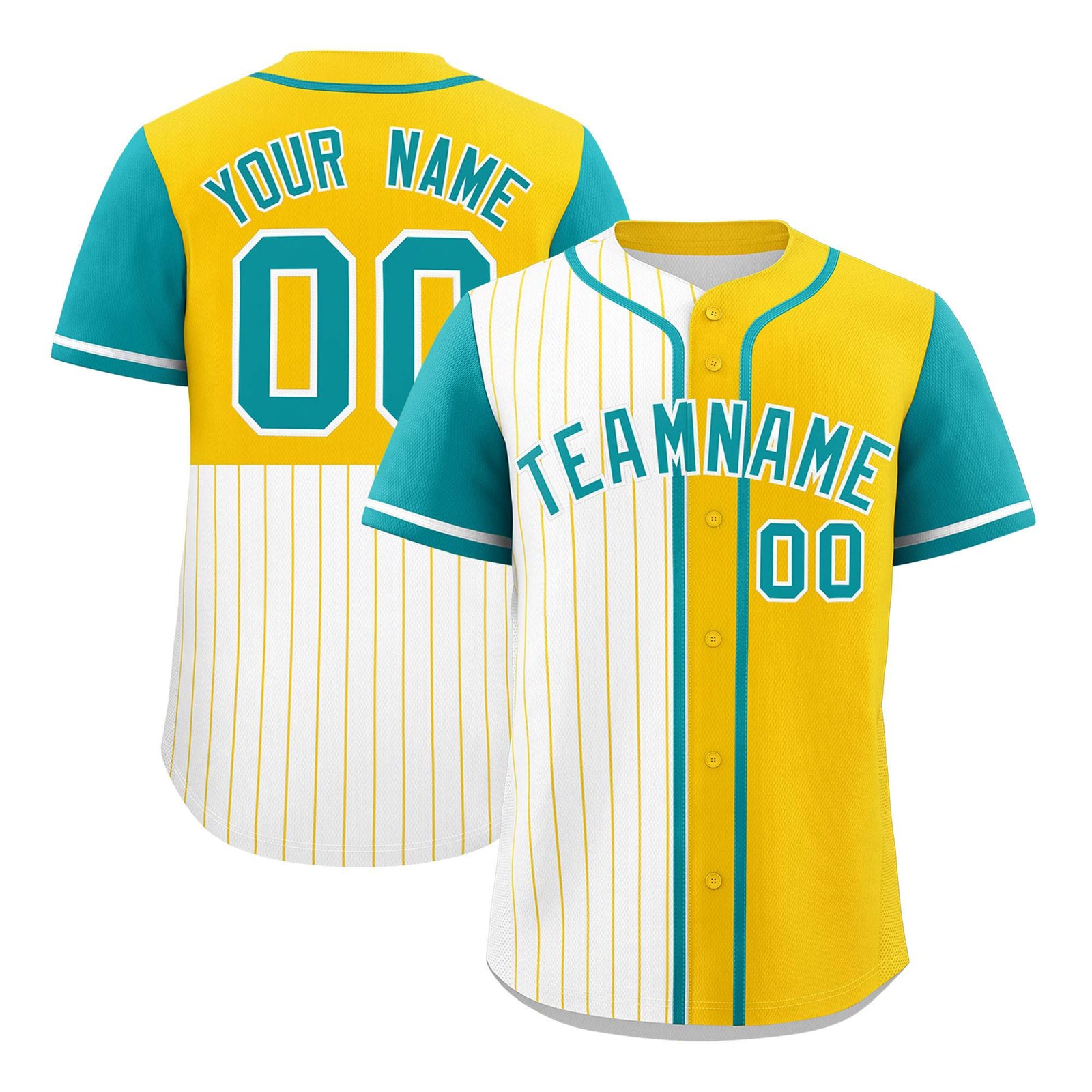 Custom White Gold and Aqua Pinstripe Personalized Raglan Sleeves Authentic Baseball Jersey