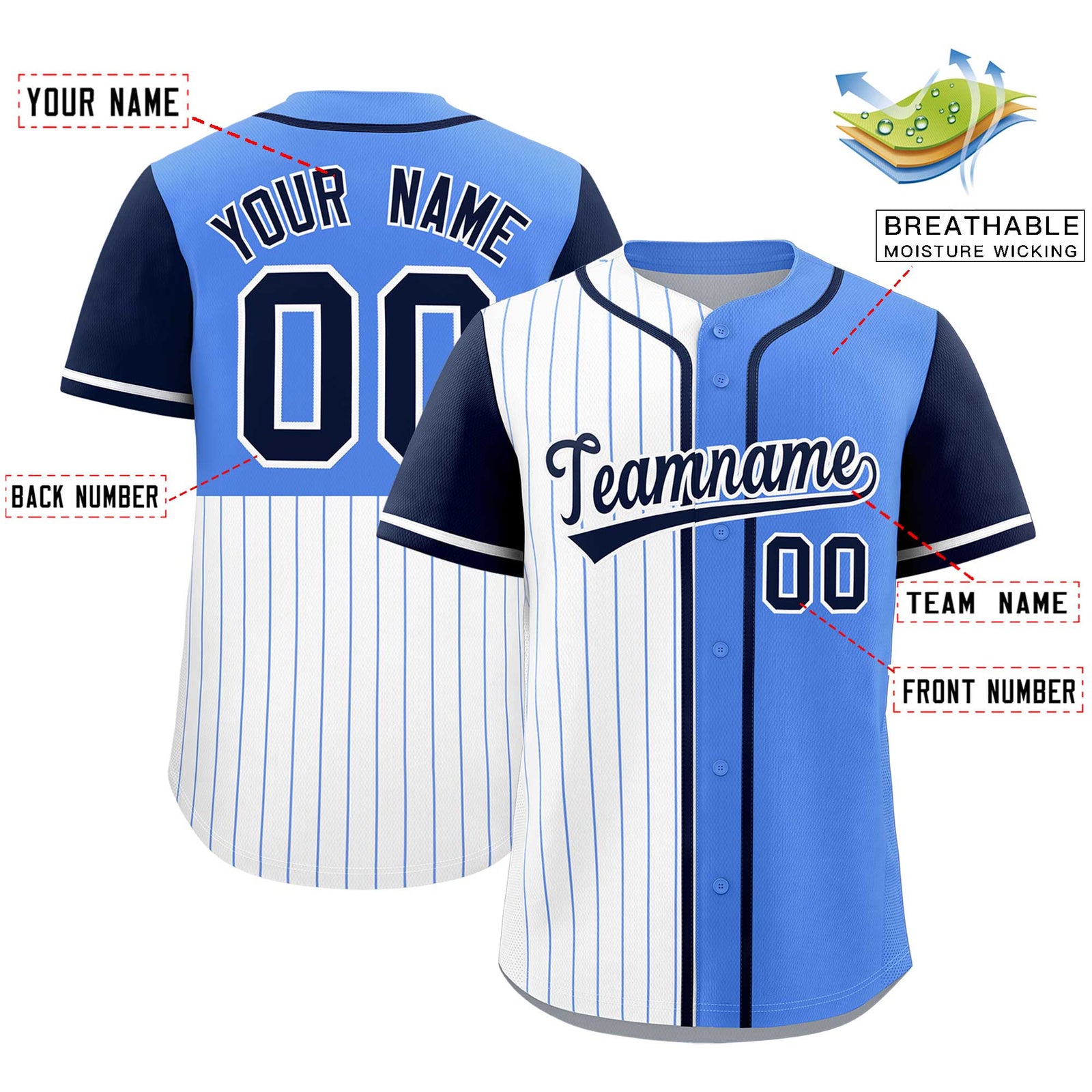 Custom White Powder Blue and Navy Pinstripe Personalized Raglan Sleeves Authentic Baseball Jersey