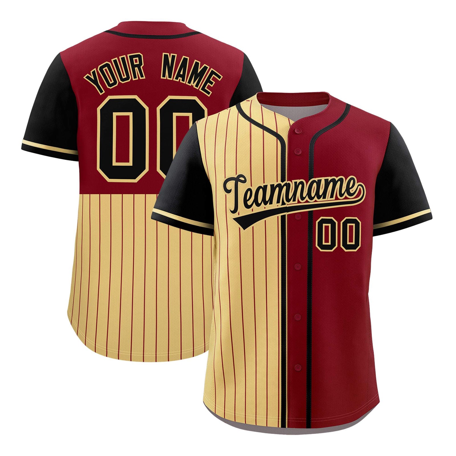 Custom Khaki Crimson and Black Pinstripe Personalized Raglan Sleeves Authentic Baseball Jersey