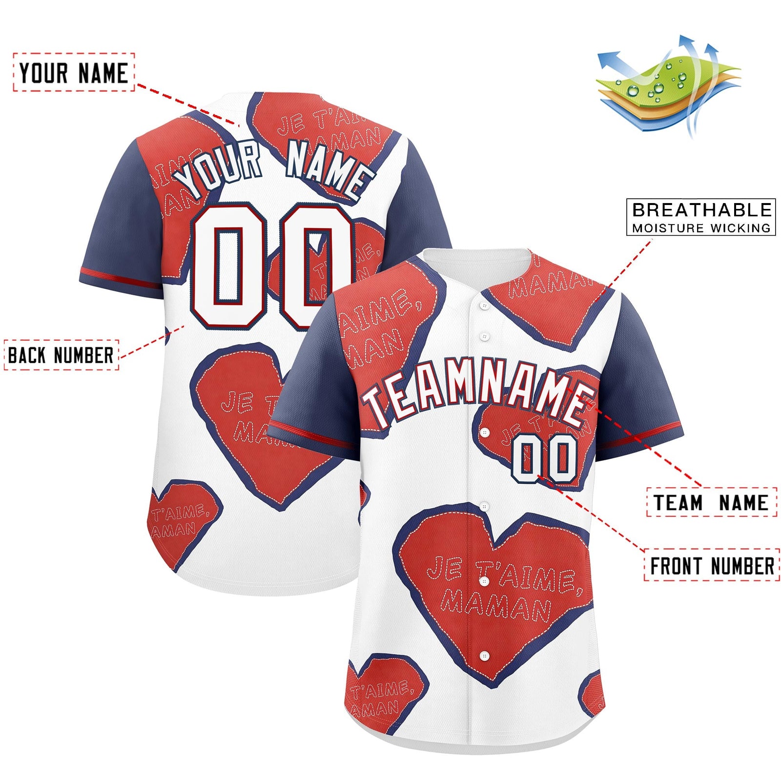 Custom White Red Midnight Blue Mother's Day Style Graffiti Pattern Moisture-Wicking Baseball Jersey| KXKSHOP