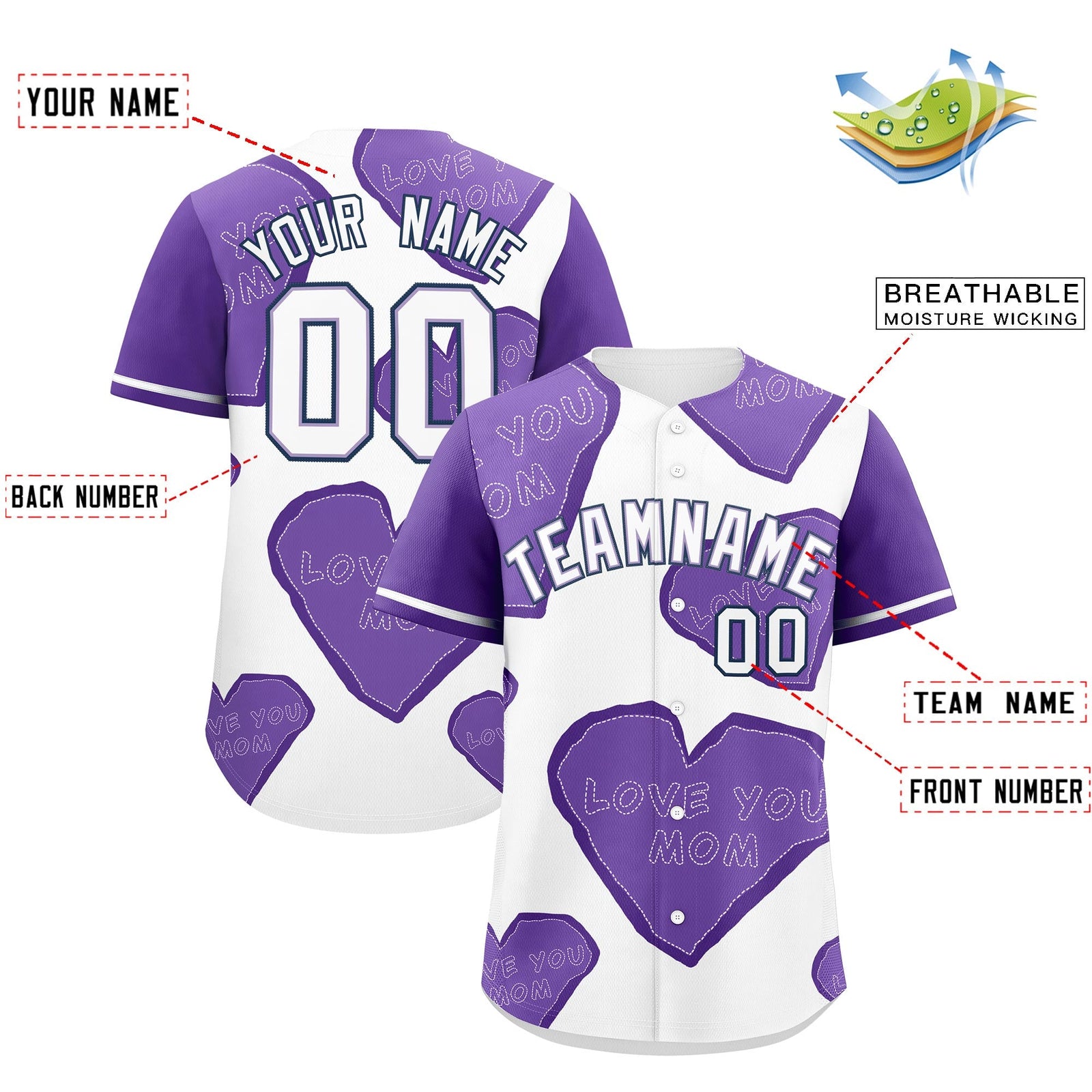 Custom White Midnight Blue Light Purple Mother's Day Style Graffiti Pattern Stretch Fabric Baseball Jersey| KXKSHOP