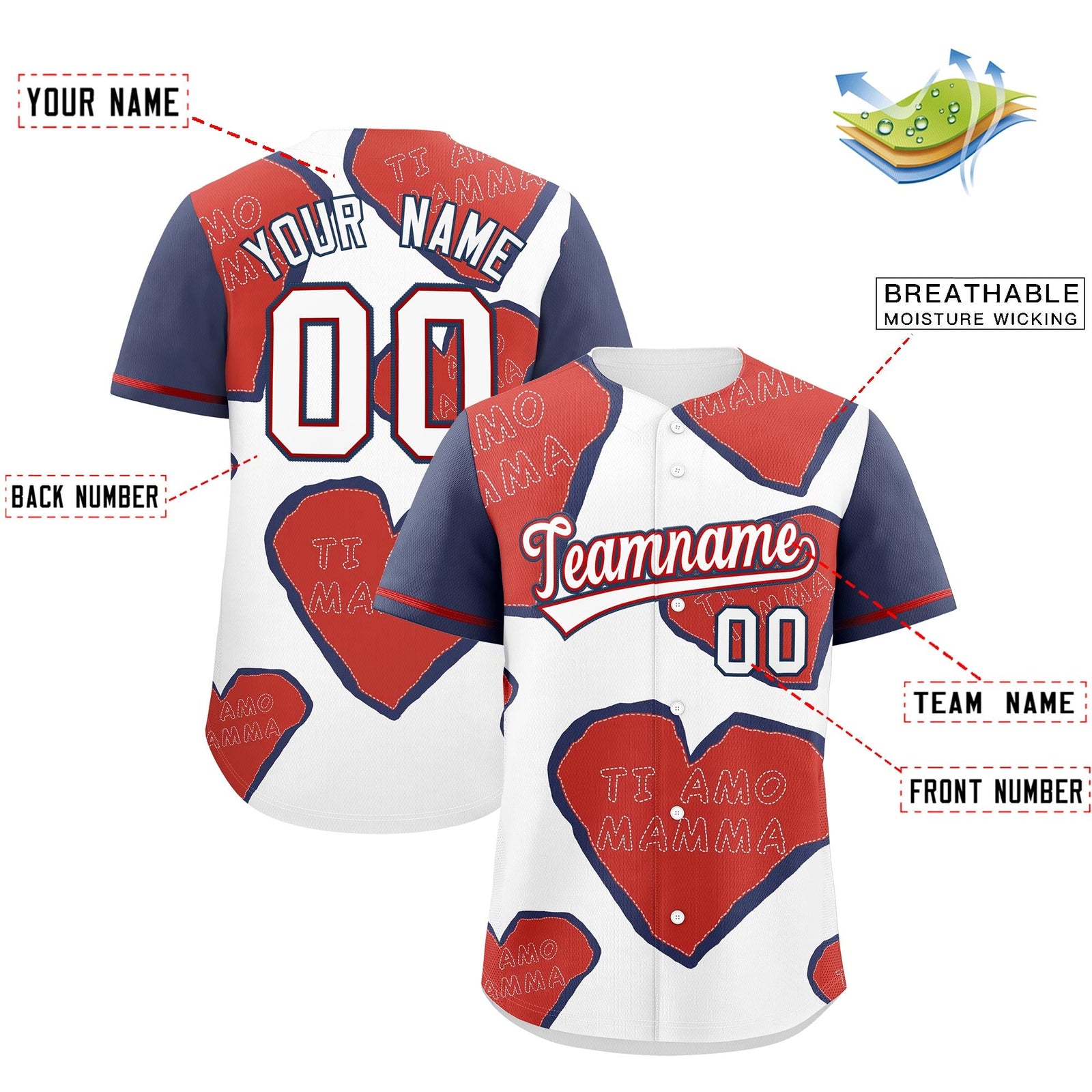 Custom White Red Midnight Blue Mother's Day Style Graffiti Pattern Moisture-Wicking Baseball Jersey| KXKSHOP