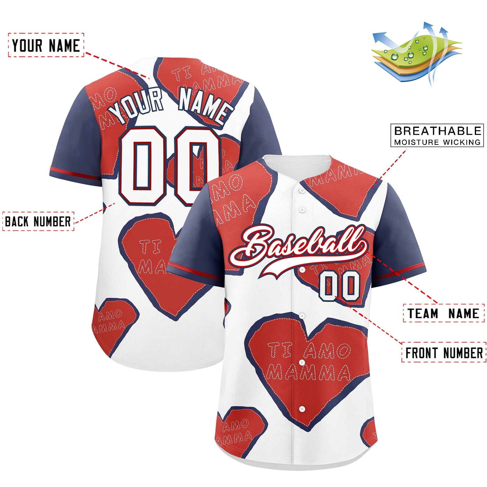 Custom White Red Midnight Blue Mother's Day Style Graffiti Pattern Moisture-Wicking Baseball Jersey| KXKSHOP