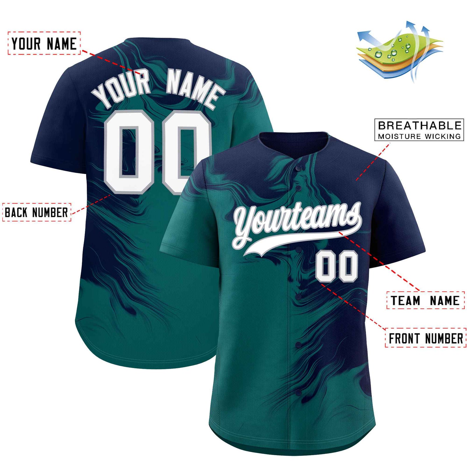 Custom Navy Aqua Personalized Ink Pattern Authentic Baseball Jersey