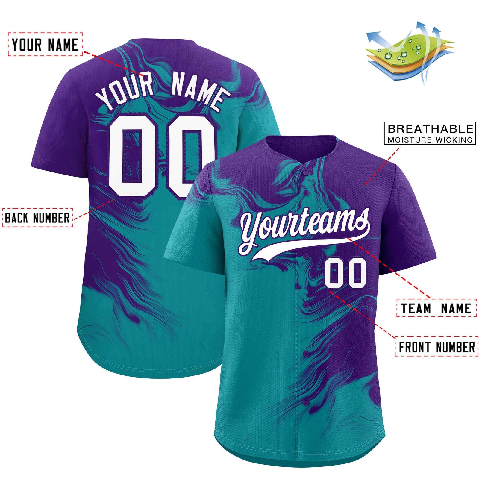 Custom Purple Aqua Personalized Ink Pattern Authentic Baseball Jersey