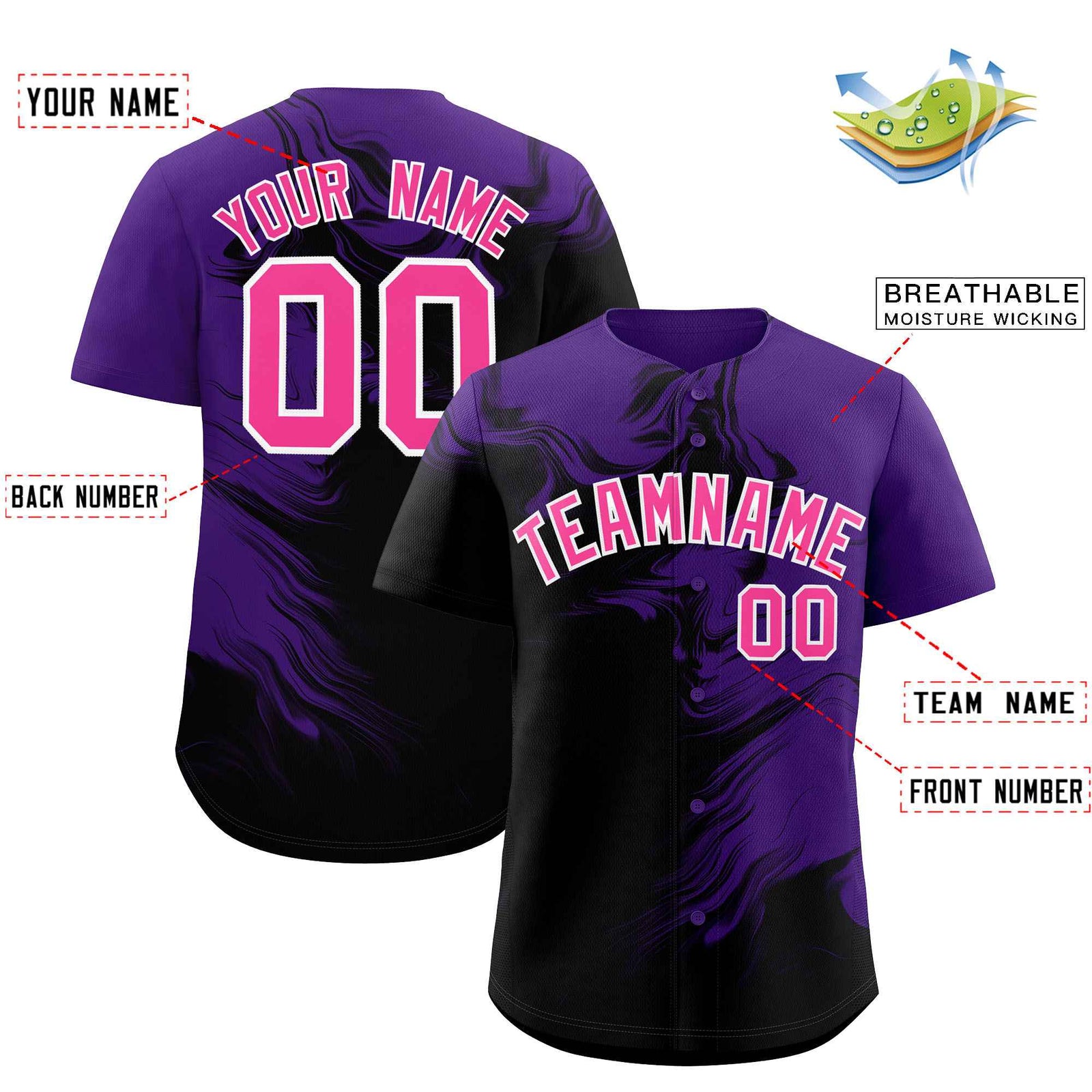 Custom Purple Black Personalized Ink Pattern Authentic Baseball Jersey