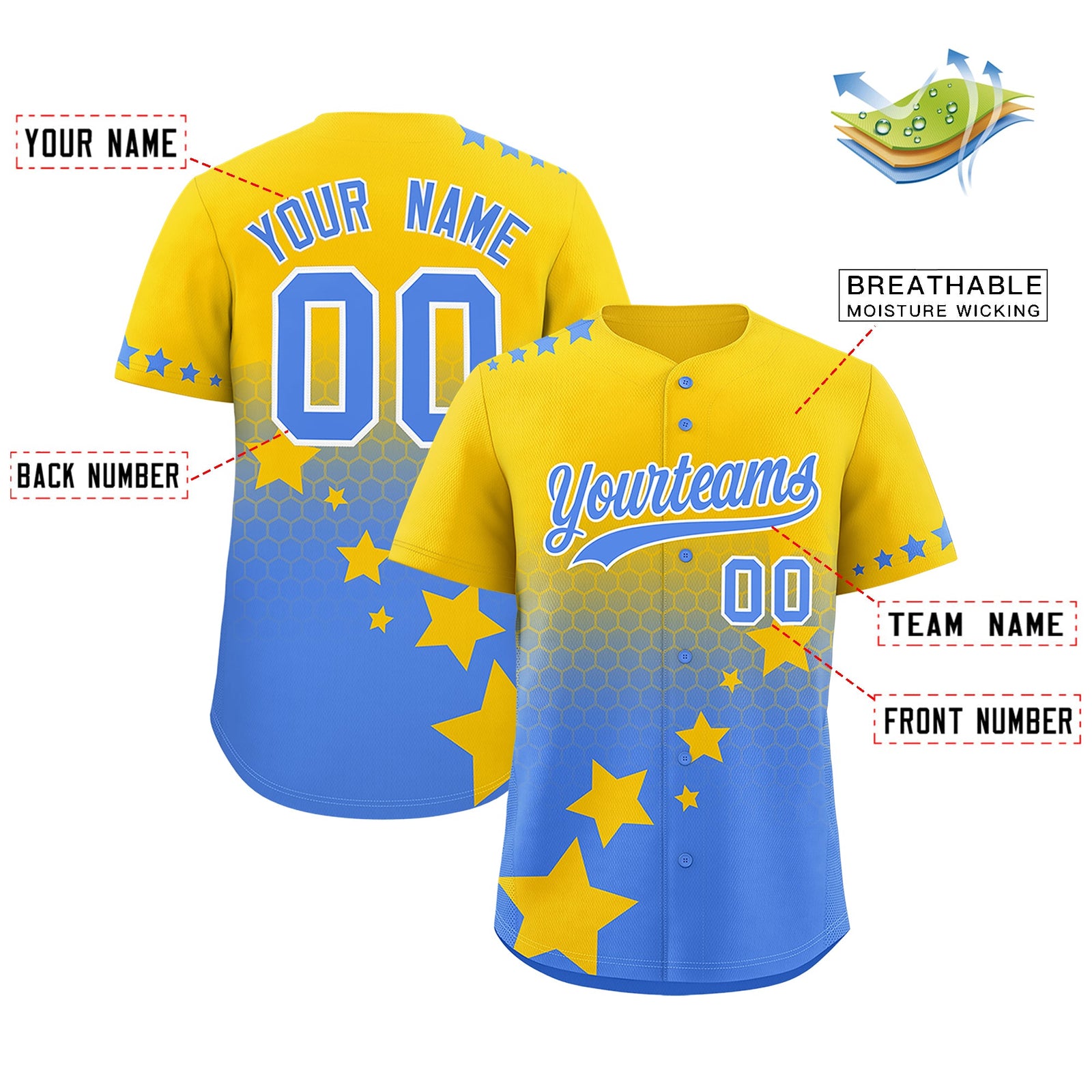 Custom Gold Powder Blue White Rising Stars Series Gradient Fashion Baseball Jersey| KXKSHOP
