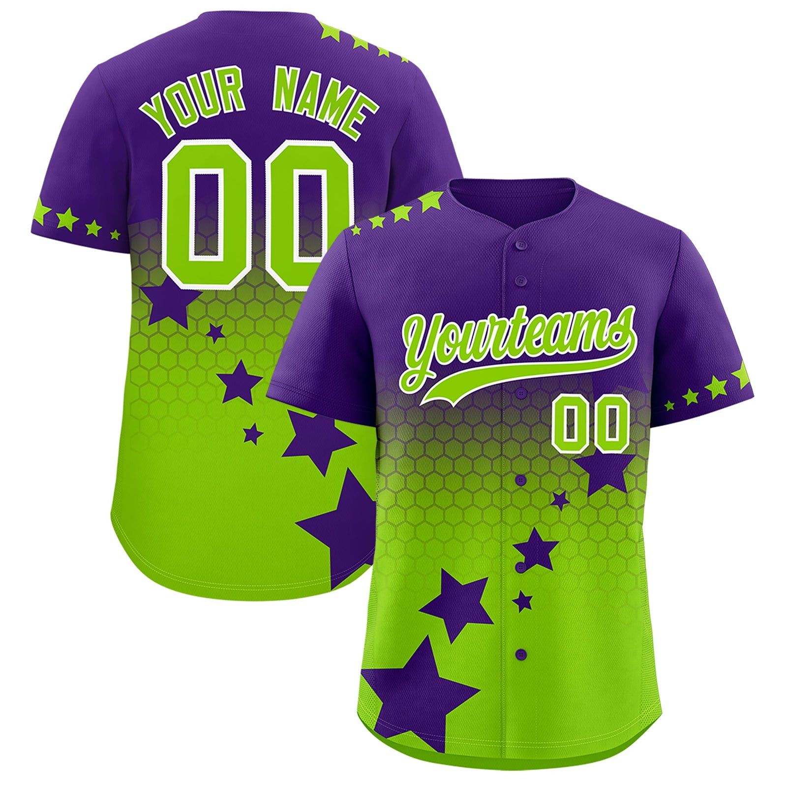 Custom Purple Neon Green White Rising Stars Series Gradient Fashion Baseball Jersey| KXKSHOP