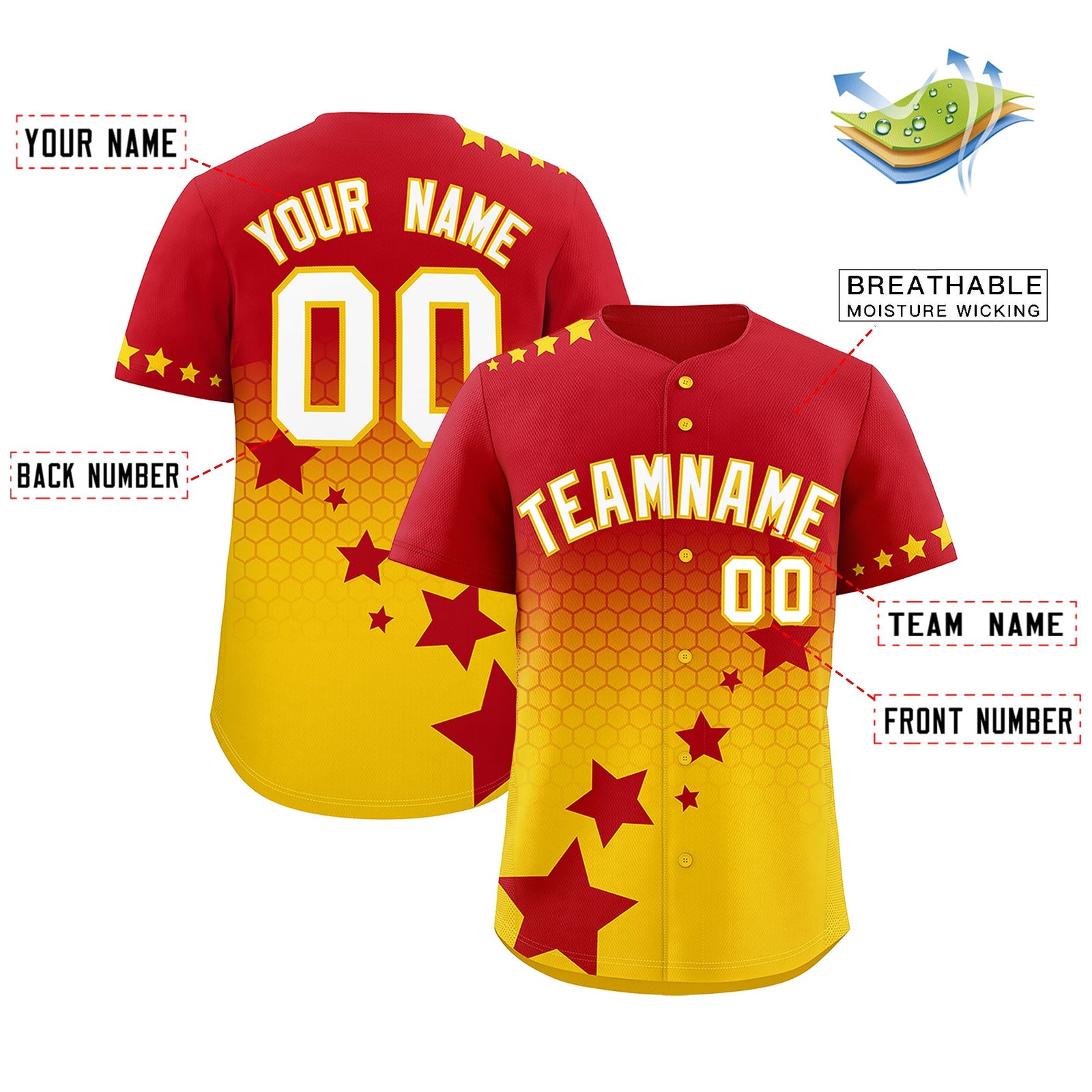 Custom Red Gold White Rising Stars Series Gradient Fashion Baseball Jersey| KXKSHOP