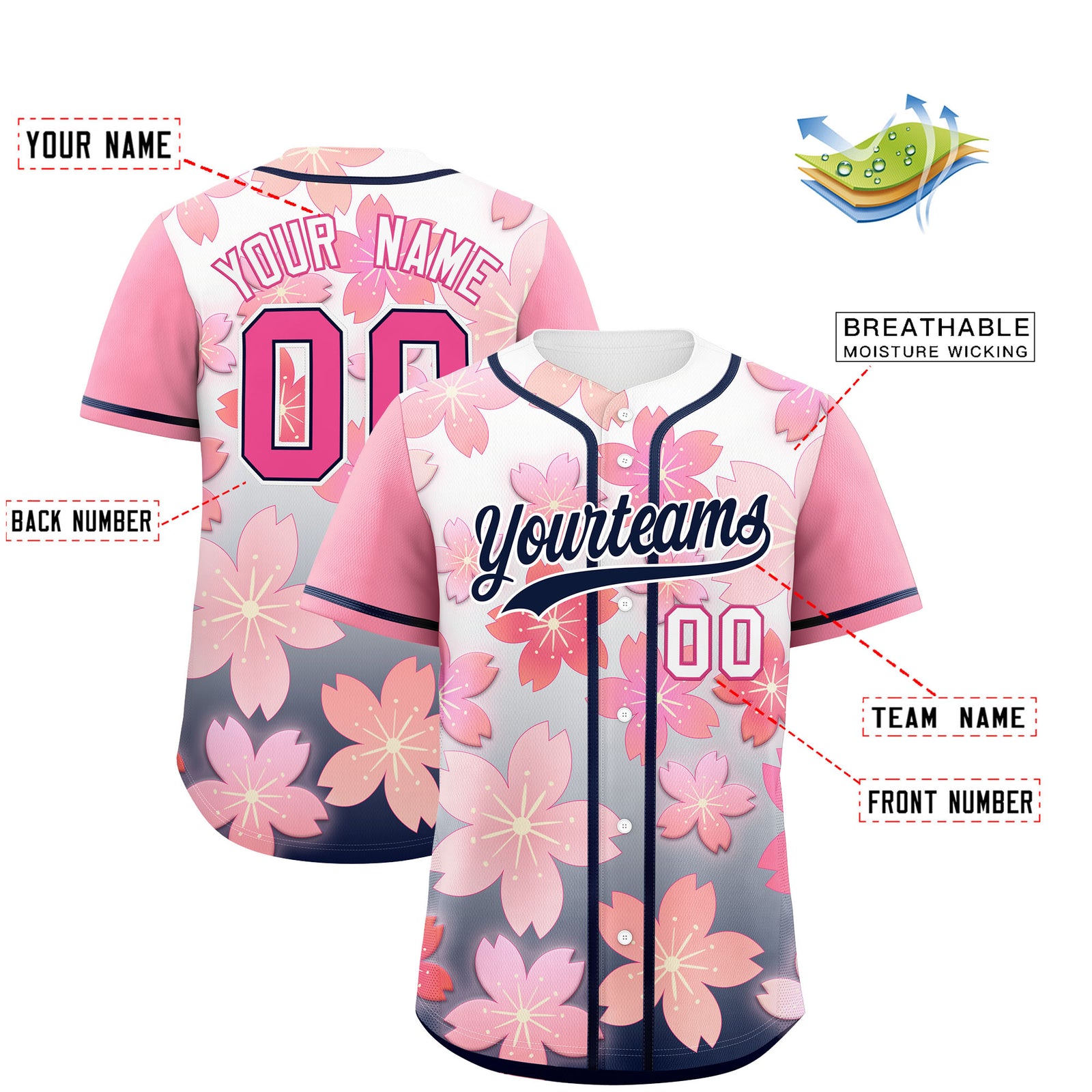 Custom Navy Pink Gradient Fashion Elastic Baseball Jersey| KXKSHOP