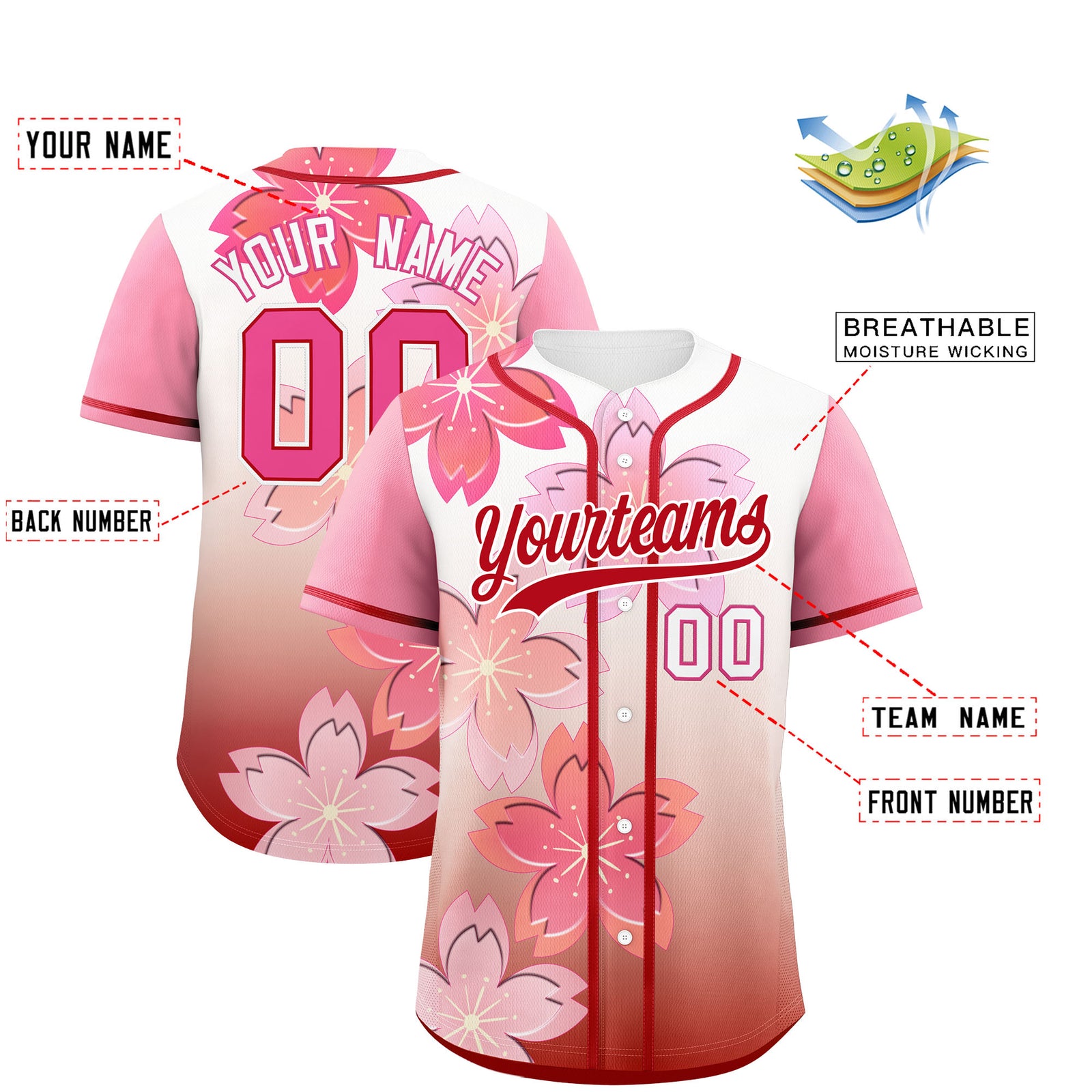 Custom Red Pink Gradient Fashion Elastic Baseball Jersey| KXKSHOP
