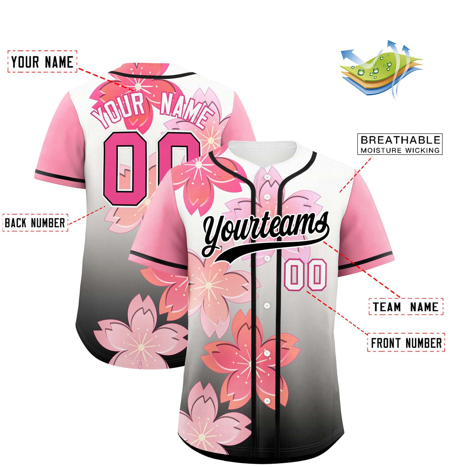Custom Black Pink Gradient Fashion Elastic Baseball Jersey| KXKSHOP