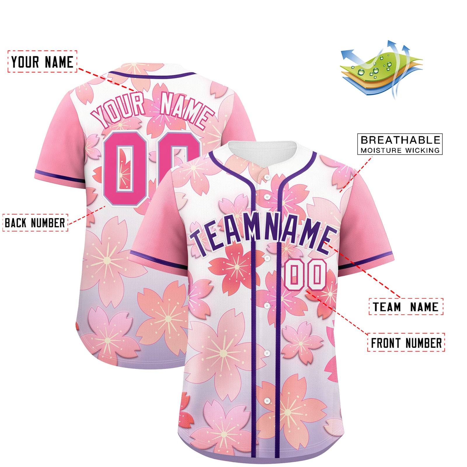 Custom Light Purple Pink Gradient Fashion Elastic Baseball Jersey| KXKSHOP