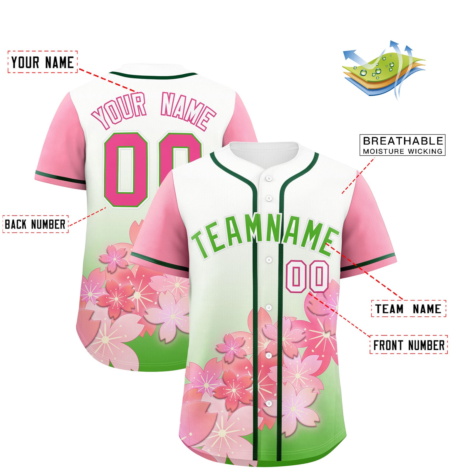 Custom Light Green Pink Gradient Fashion Elastic Baseball Jersey| KXKSHOP