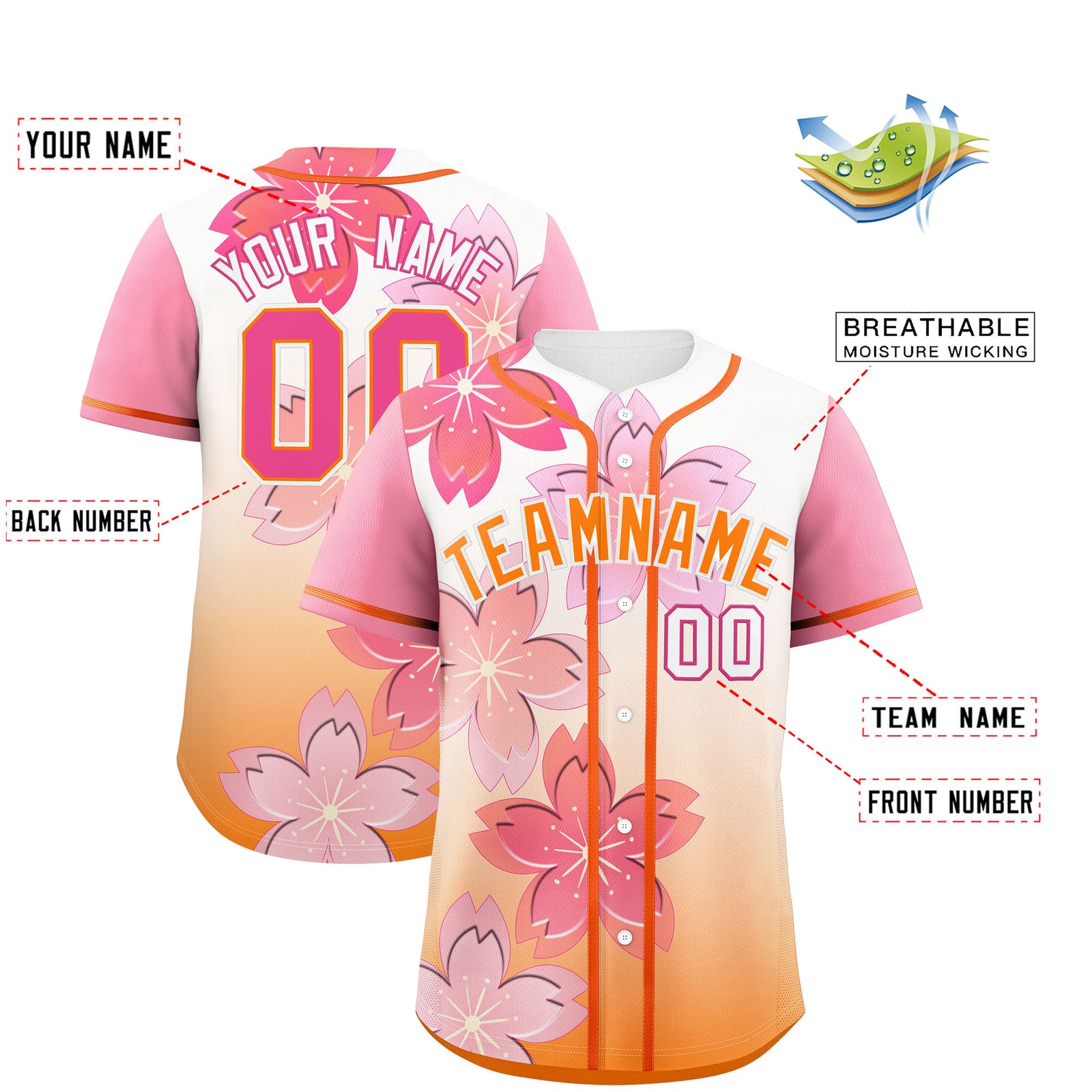 Custom Gold Orange Pink Gradient Fashion Elastic Baseball Jersey| KXKSHOP