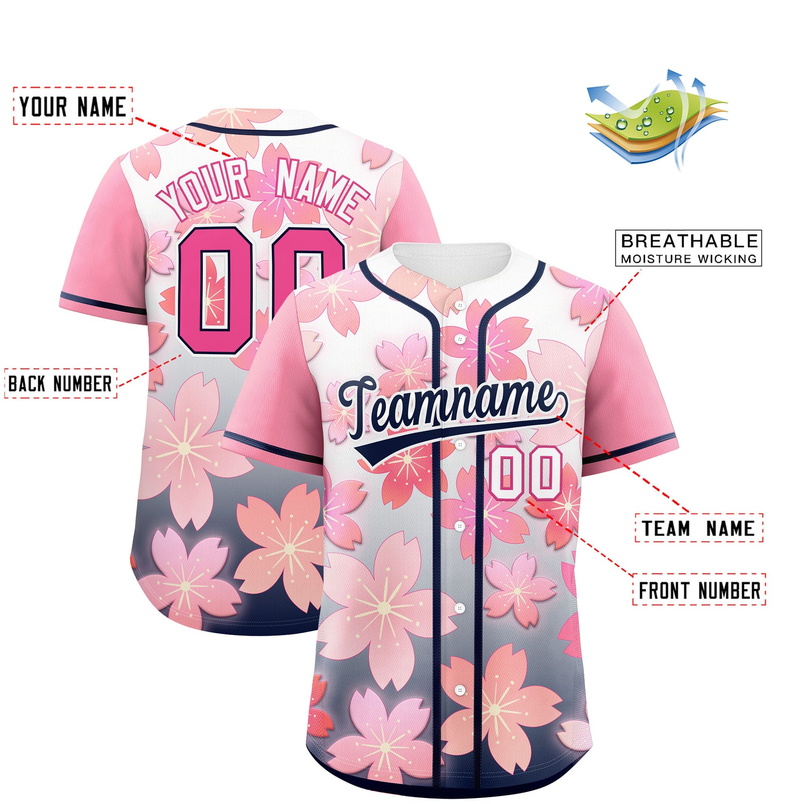 Custom Navy Pink Gradient Fashion Elastic Baseball Jersey| KXKSHOP