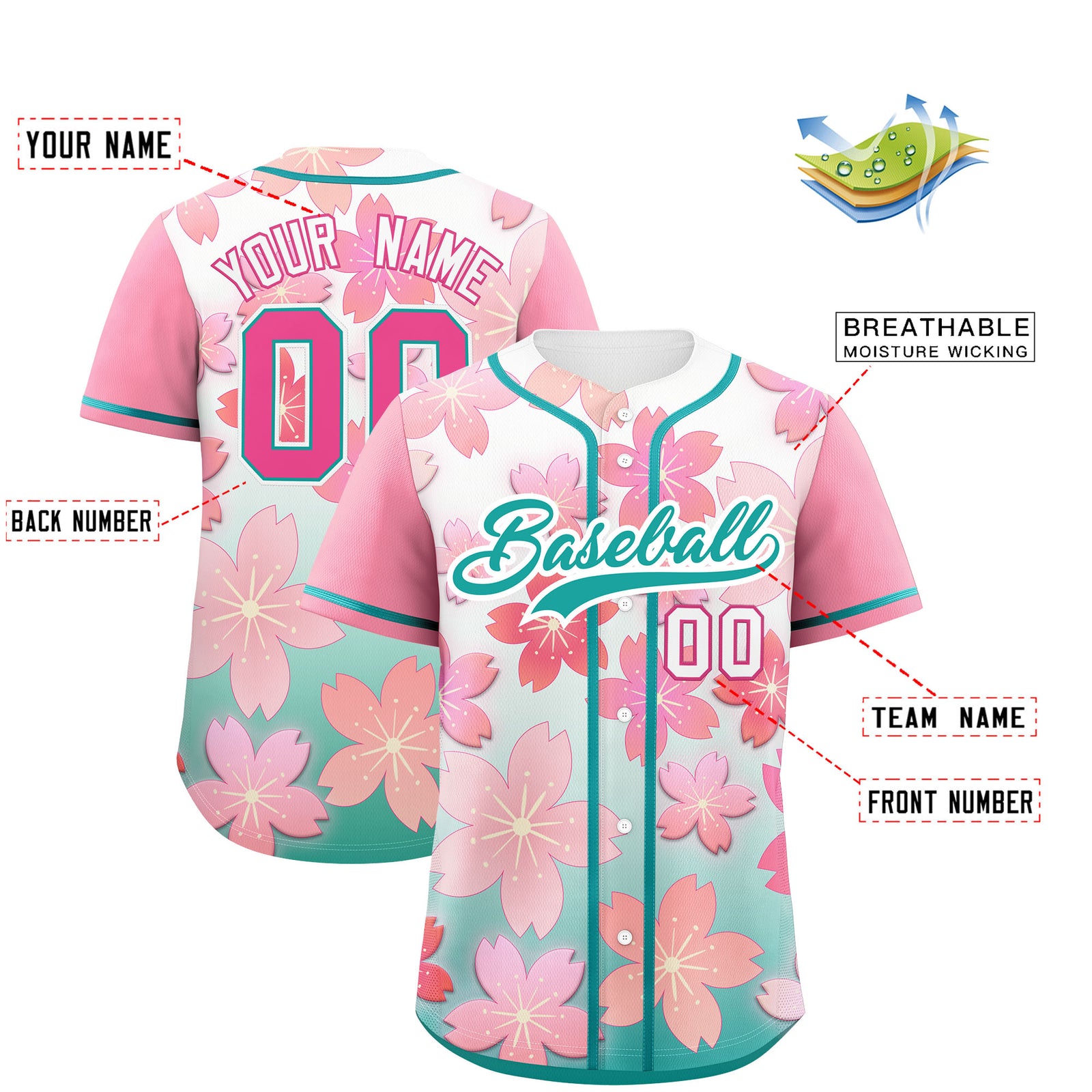 Custom Aqua Pink Gradient Fashion Elastic Baseball Jersey| KXKSHOP
