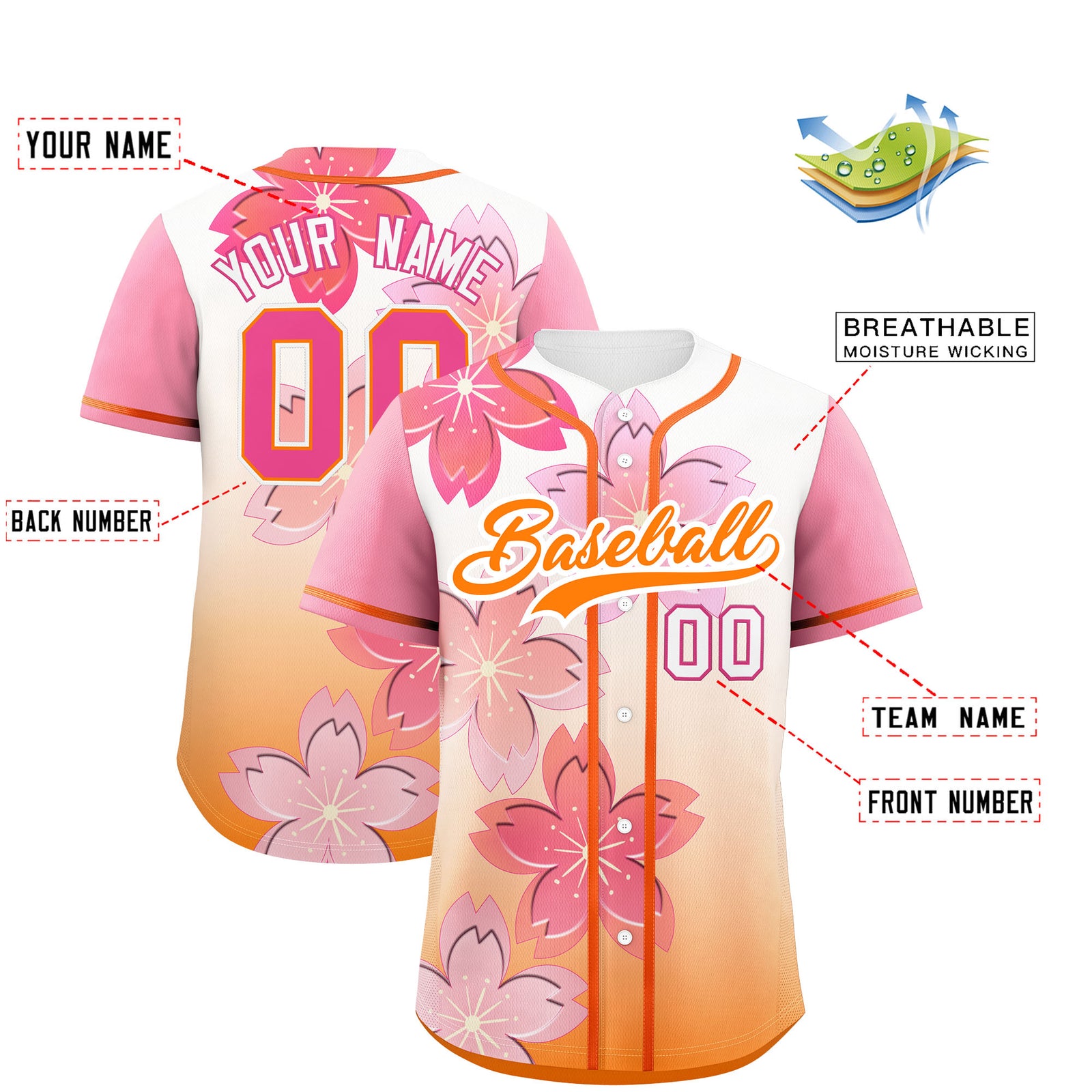 Custom Gold Orange Pink Gradient Fashion Elastic Baseball Jersey| KXKSHOP