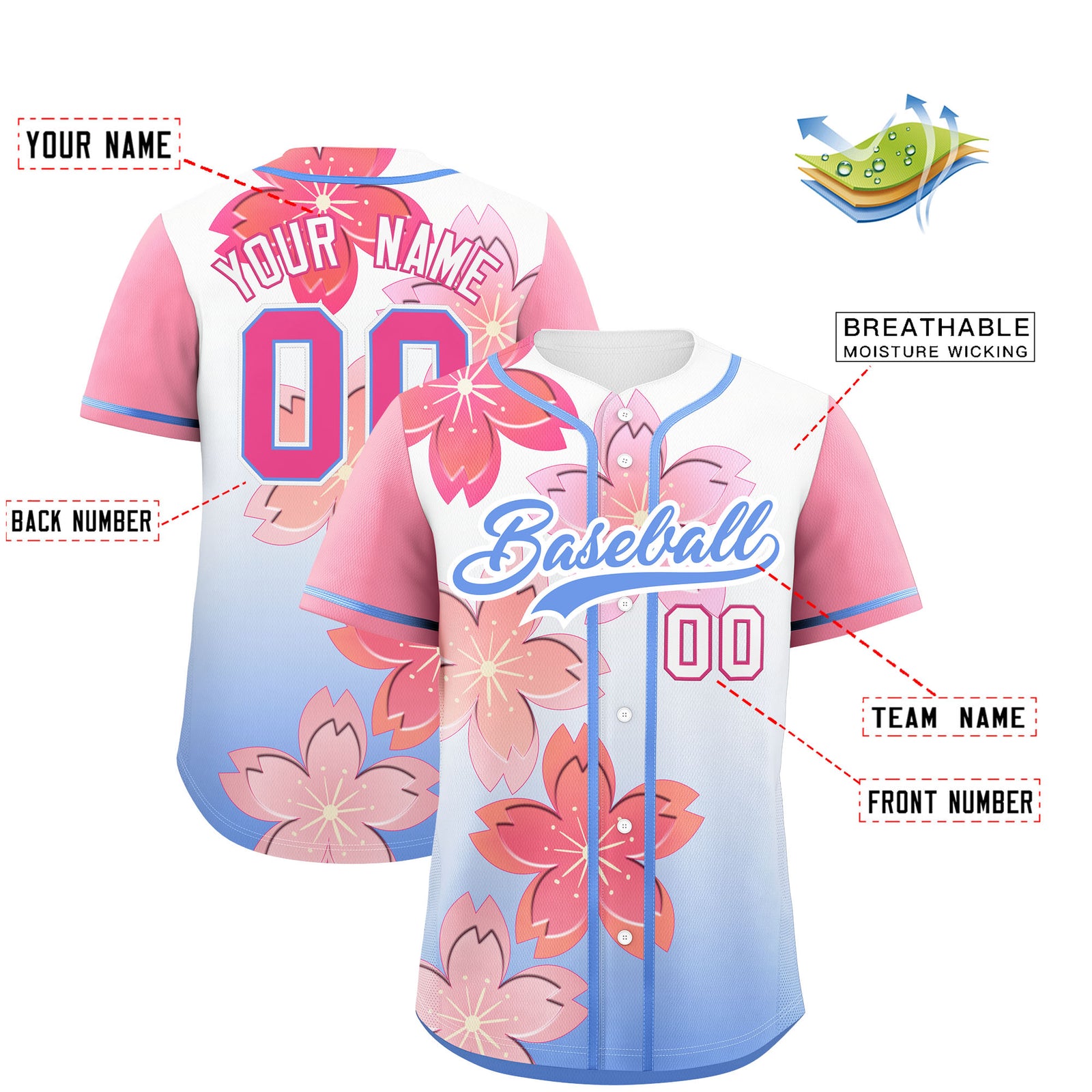 Custom Light Blue Pink Gradient Fashion Elastic Baseball Jersey| KXKSHOP