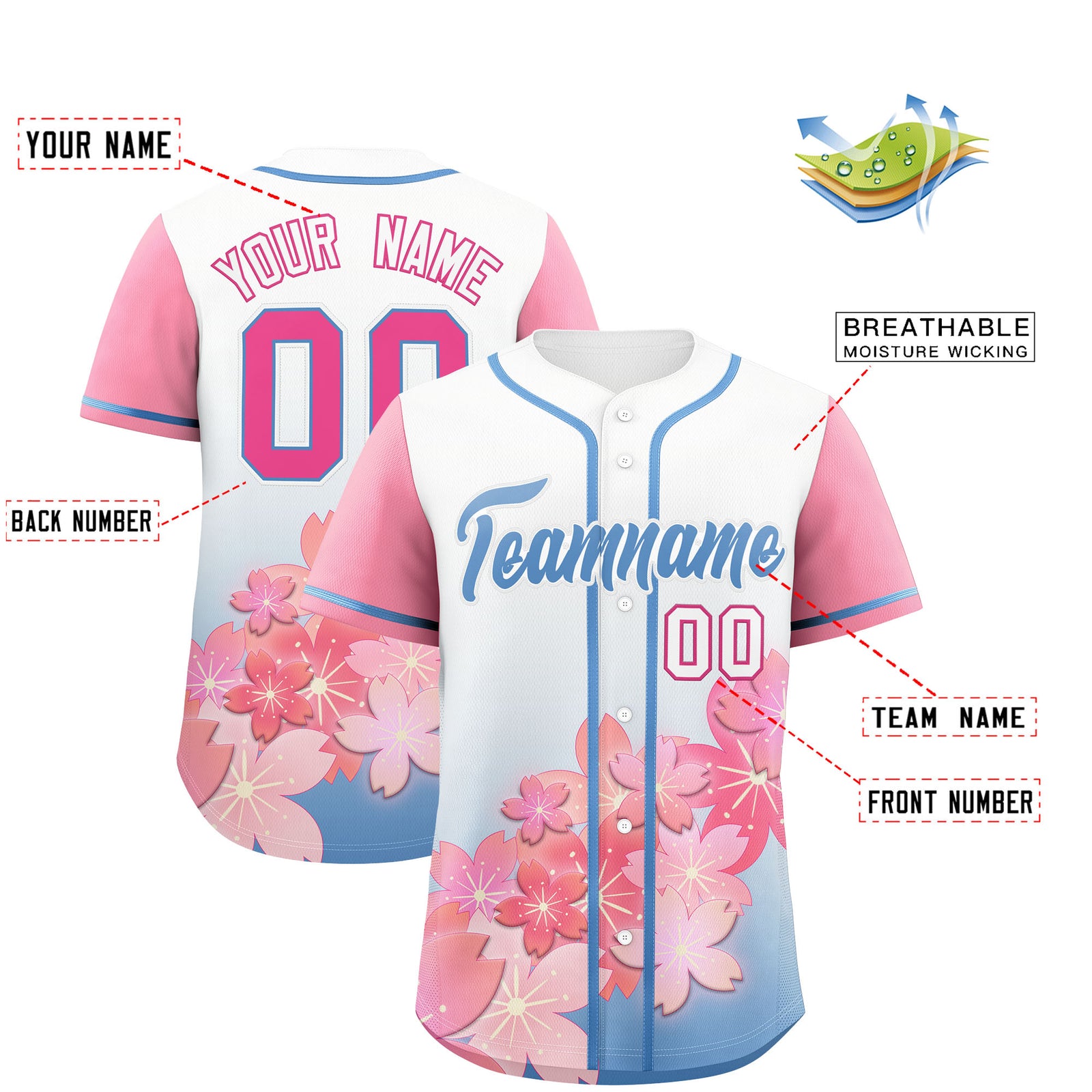 Custom Light Blue Pink Gradient Fashion Elastic Baseball Jersey| KXKSHOP