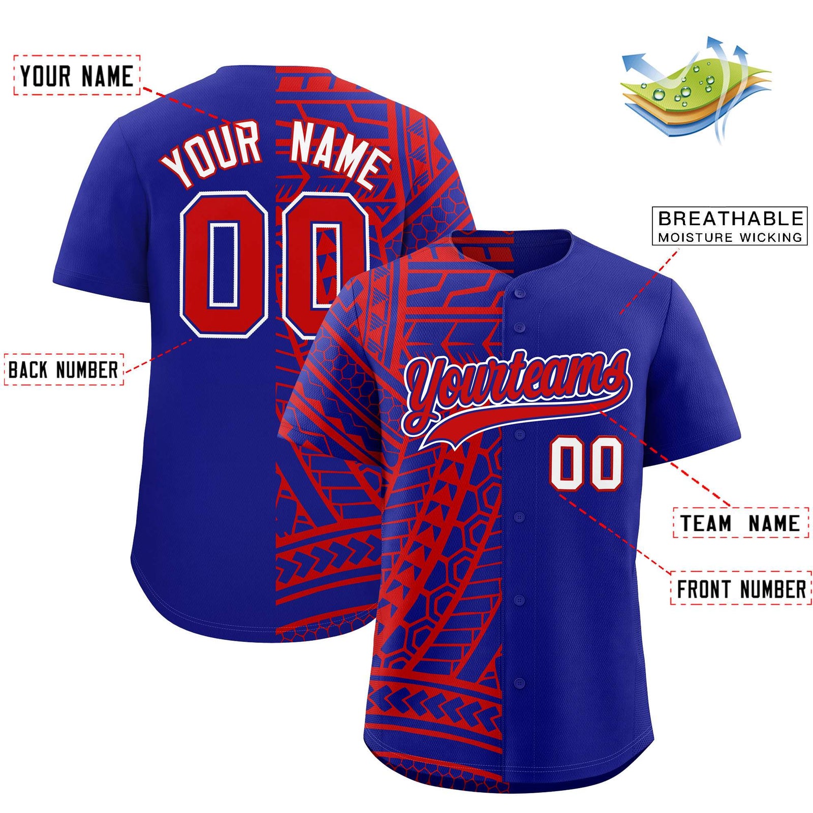 Custom Red Royal Split Fashion Tribal Pattern Authentic Baseball Jersey