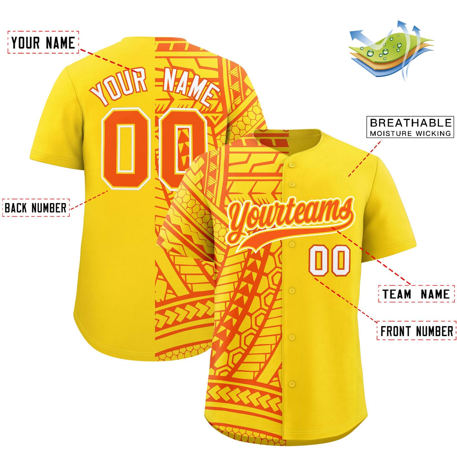Custom Gold Orange Split Fashion Tribal Pattern Authentic Baseball Jersey