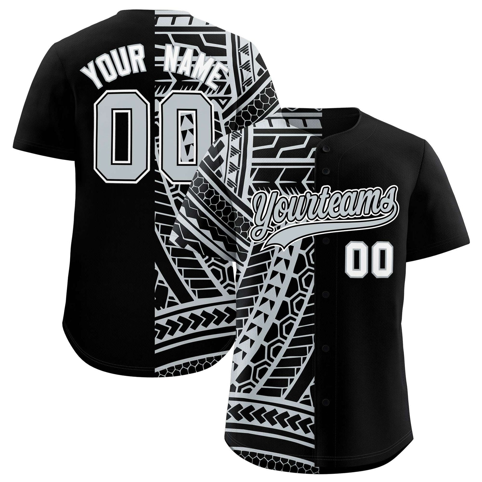 Custom Black Silver Split Fashion Tribal Pattern Authentic Baseball Jersey