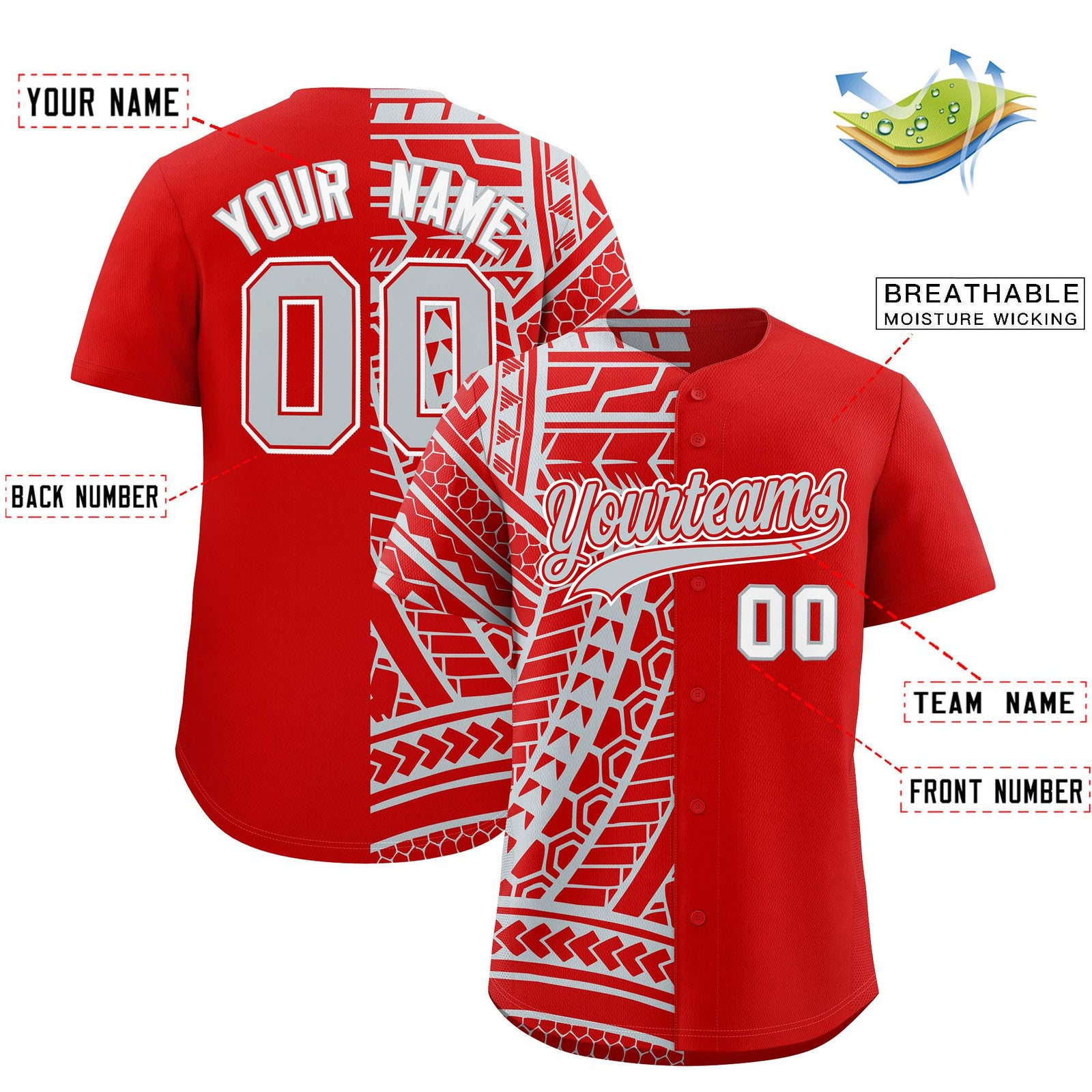 Custom Red Silver Split Fashion Tribal Pattern Authentic Baseball Jersey