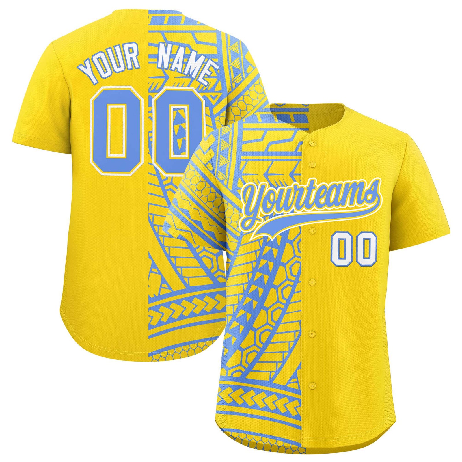 Custom Light Blue Gold Split Fashion Tribal Pattern Authentic Baseball Jersey