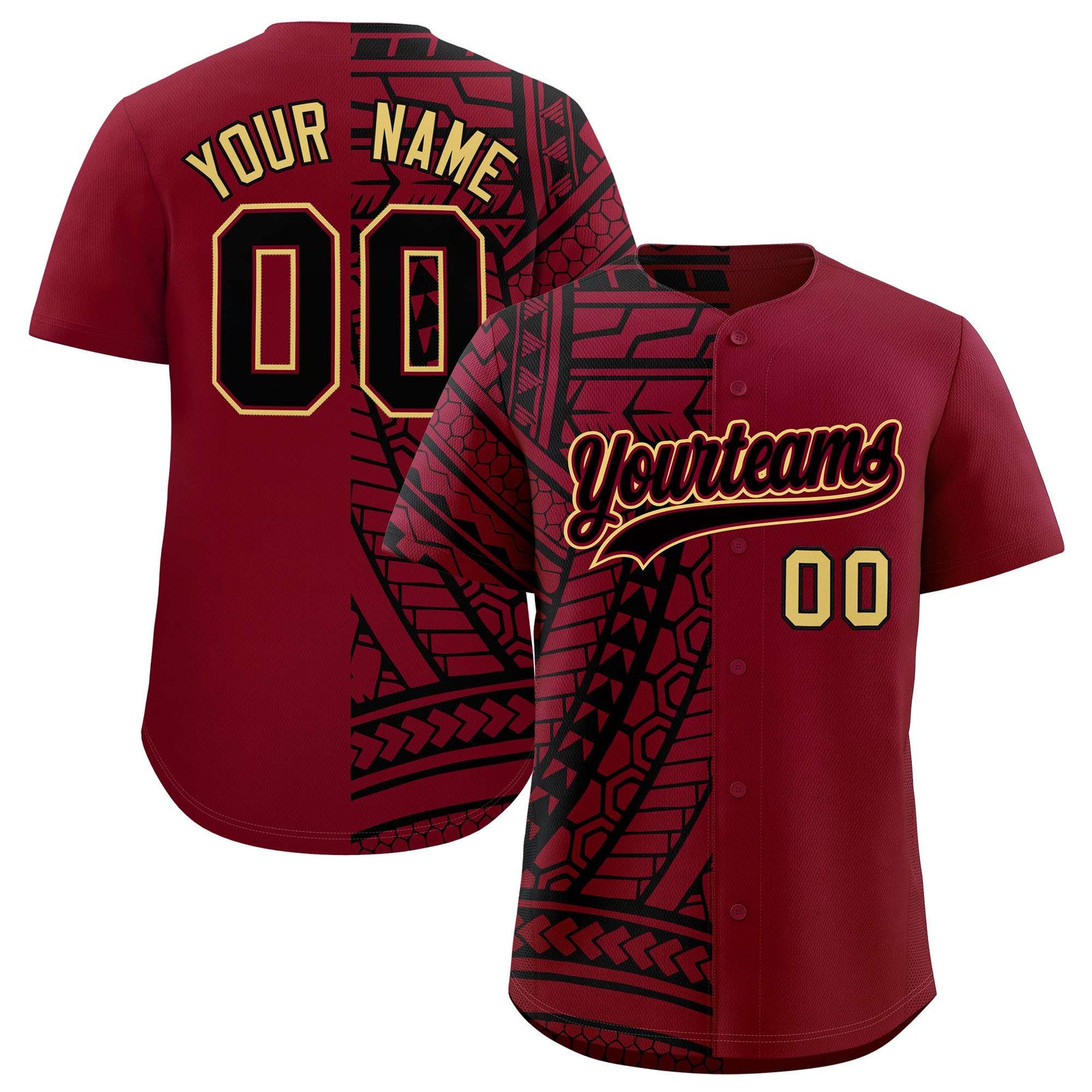Custom Crimson Black Split Fashion Tribal Pattern Authentic Baseball Jersey
