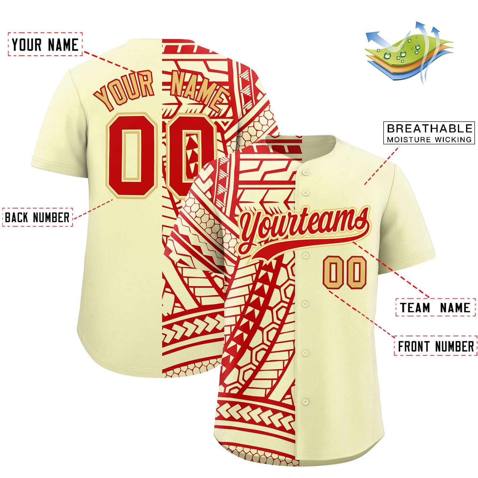 Custom Cream Red Split Fashion Tribal Pattern Authentic Baseball Jersey