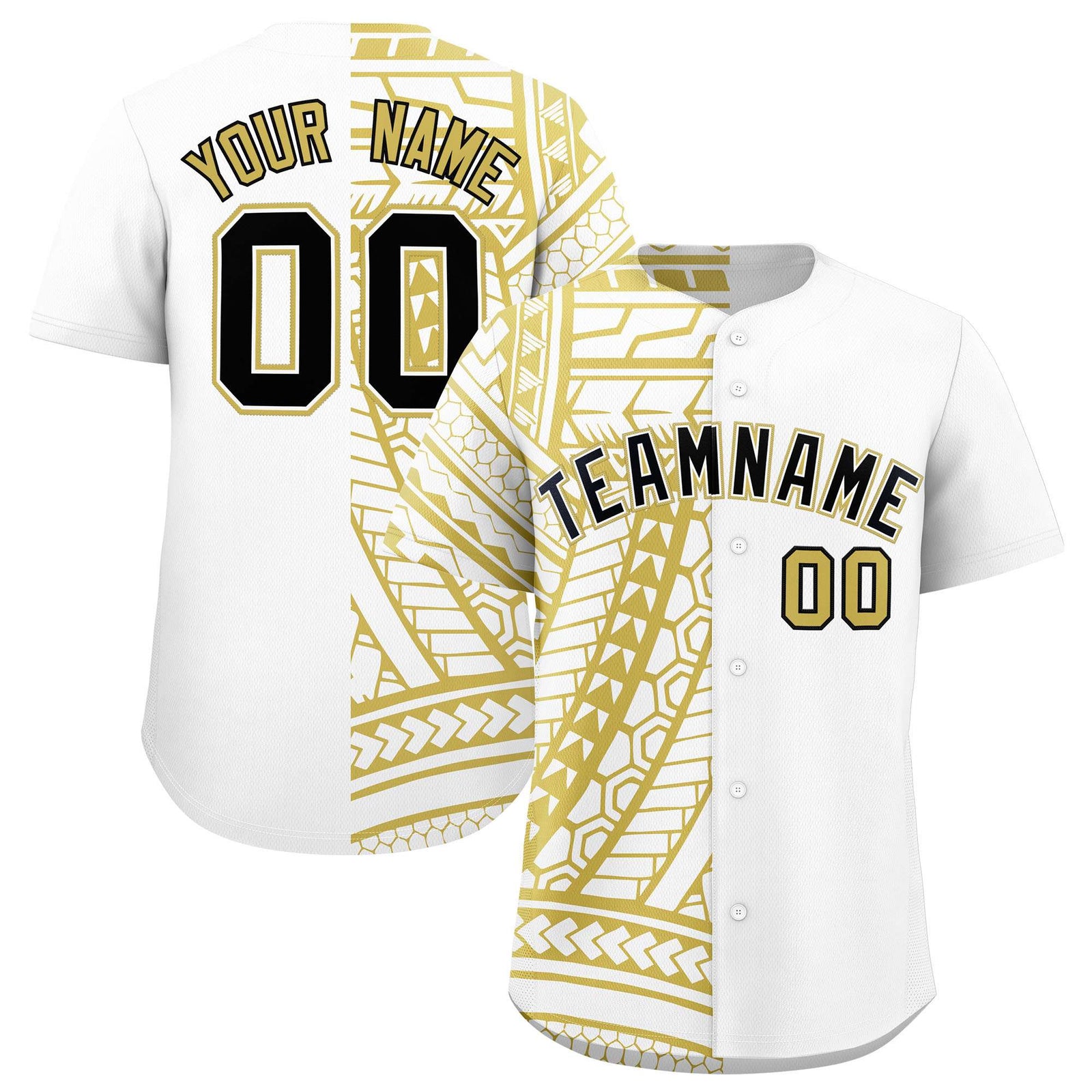 Custom White Old Gold Split Fashion Tribal Pattern Authentic Baseball Jersey