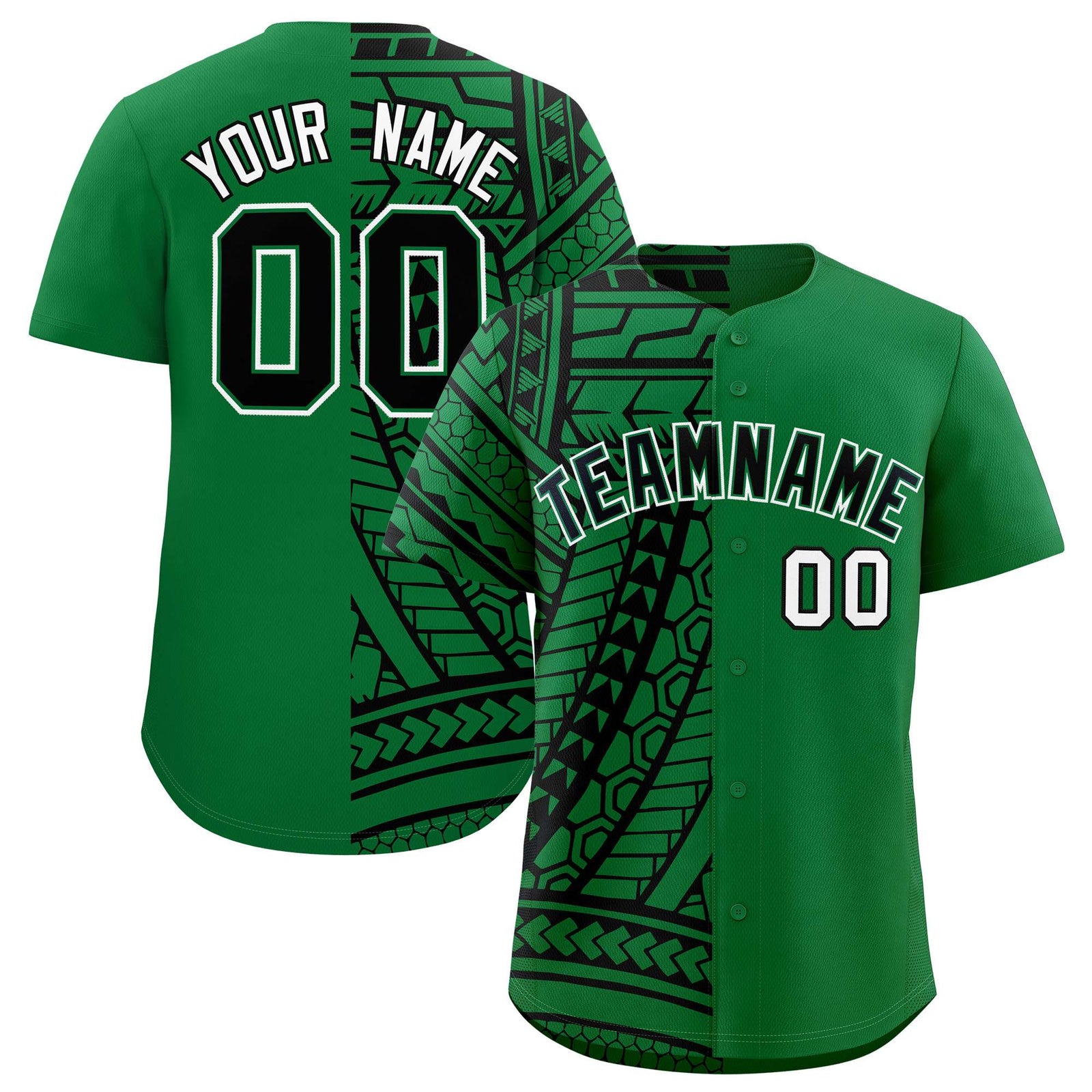 Custom Kelly Green Black Split Fashion Tribal Pattern Authentic Baseball Jersey