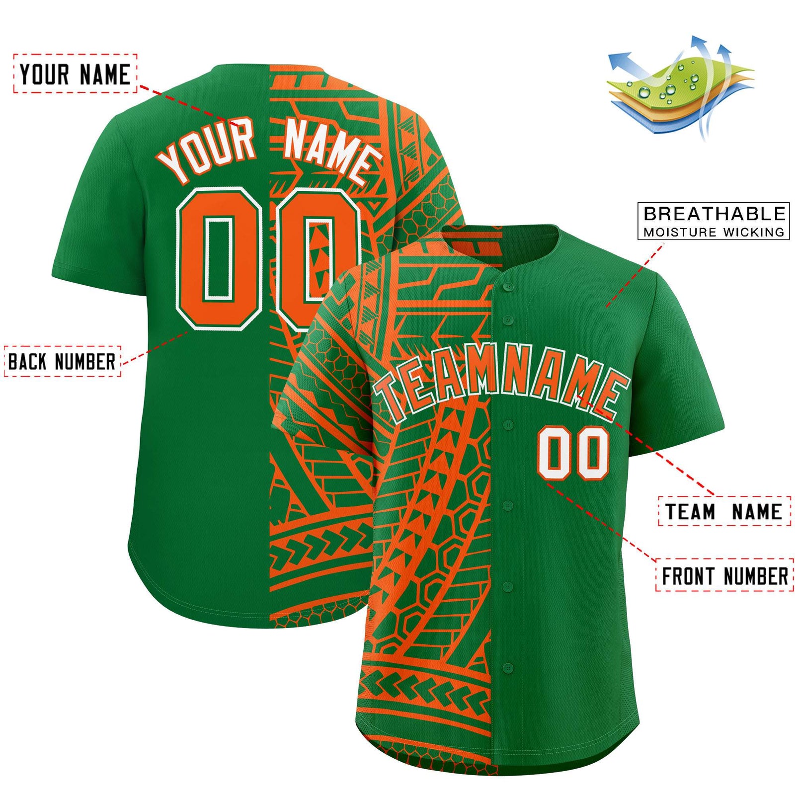 Custom Kelly Green Orange Split Fashion Tribal Pattern Authentic Baseball Jersey