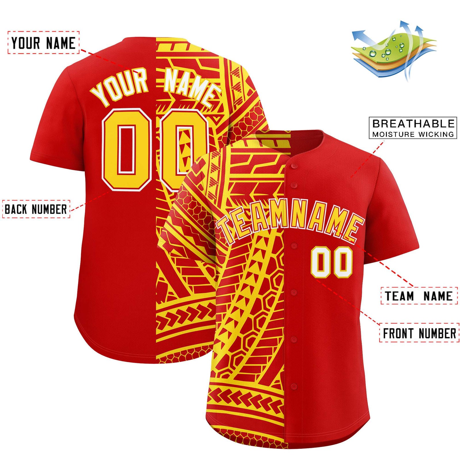 Custom Red Gold Split Fashion Tribal Pattern Authentic Baseball Jersey