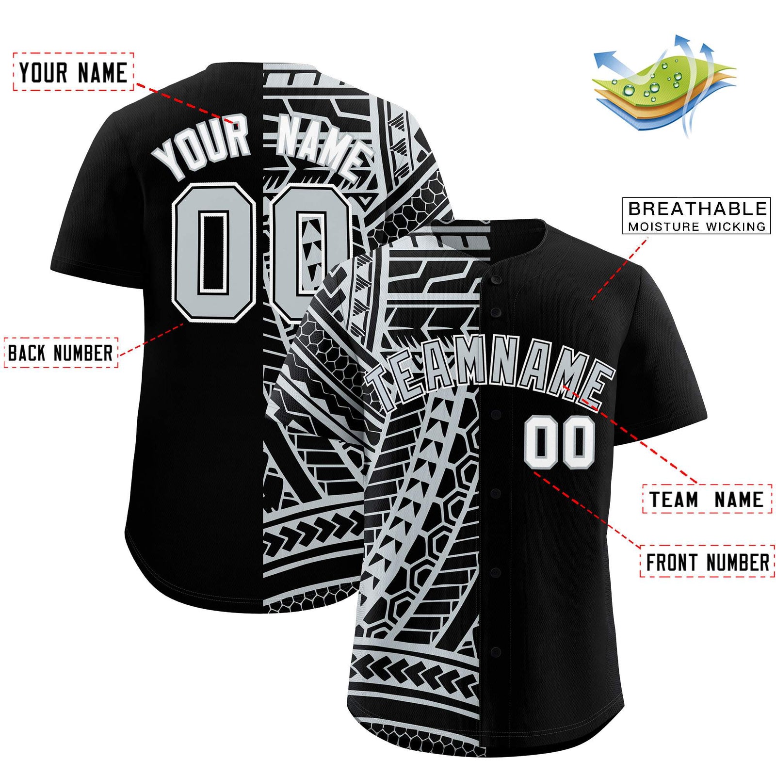 Custom Black Silver Split Fashion Tribal Pattern Authentic Baseball Jersey