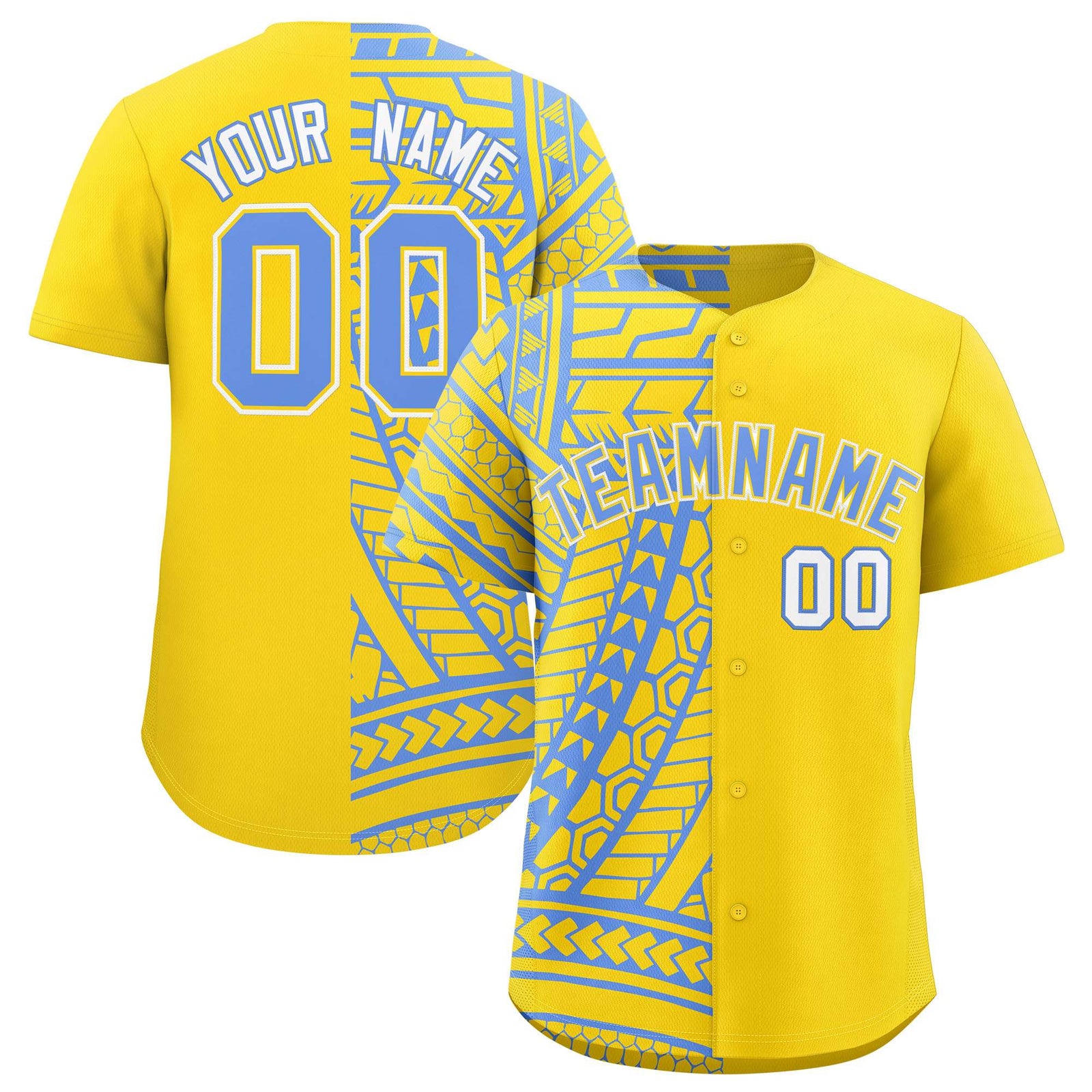 Custom Light Blue Gold Split Fashion Tribal Pattern Authentic Baseball Jersey