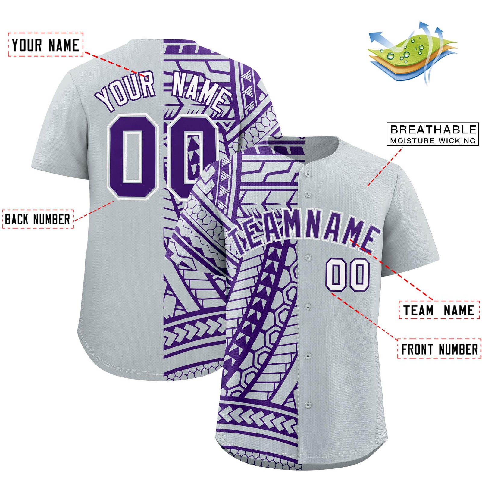 Custom Silver Purple Split Fashion Tribal Pattern Authentic Baseball Jersey