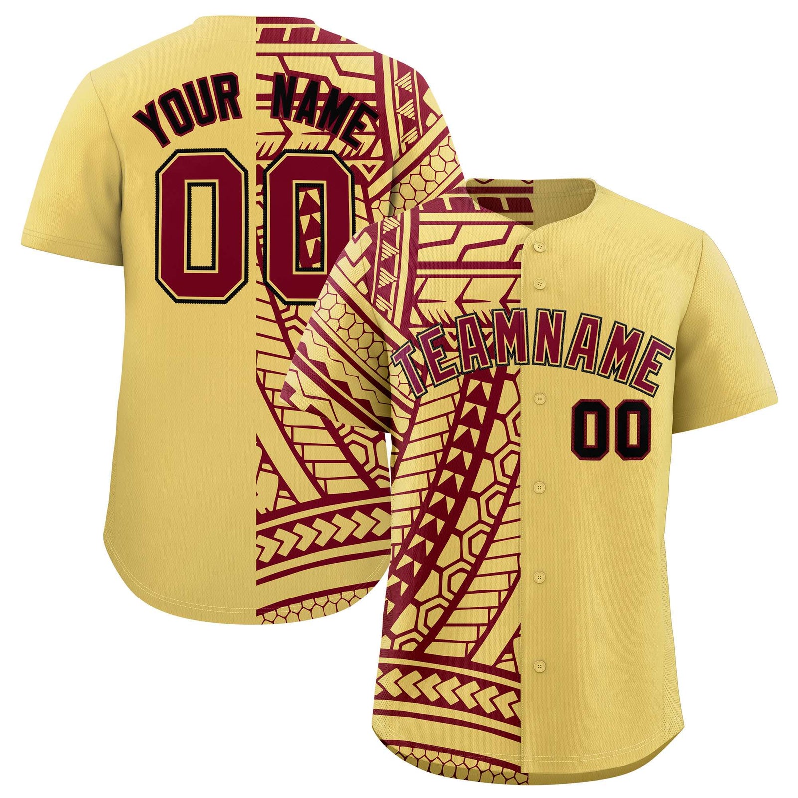 Custom Khaki Crimson Split Fashion Tribal Pattern Authentic Baseball Jersey