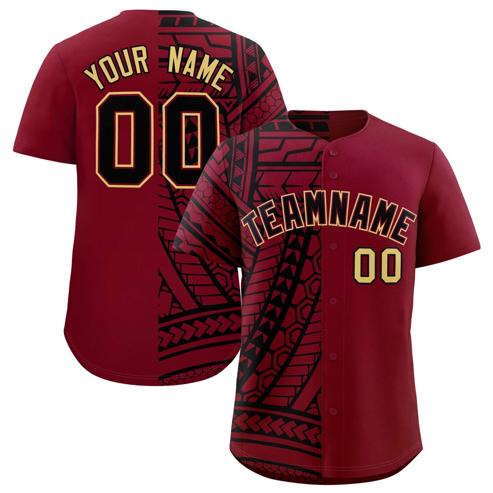 Custom Crimson Black Split Fashion Tribal Pattern Authentic Baseball Jersey